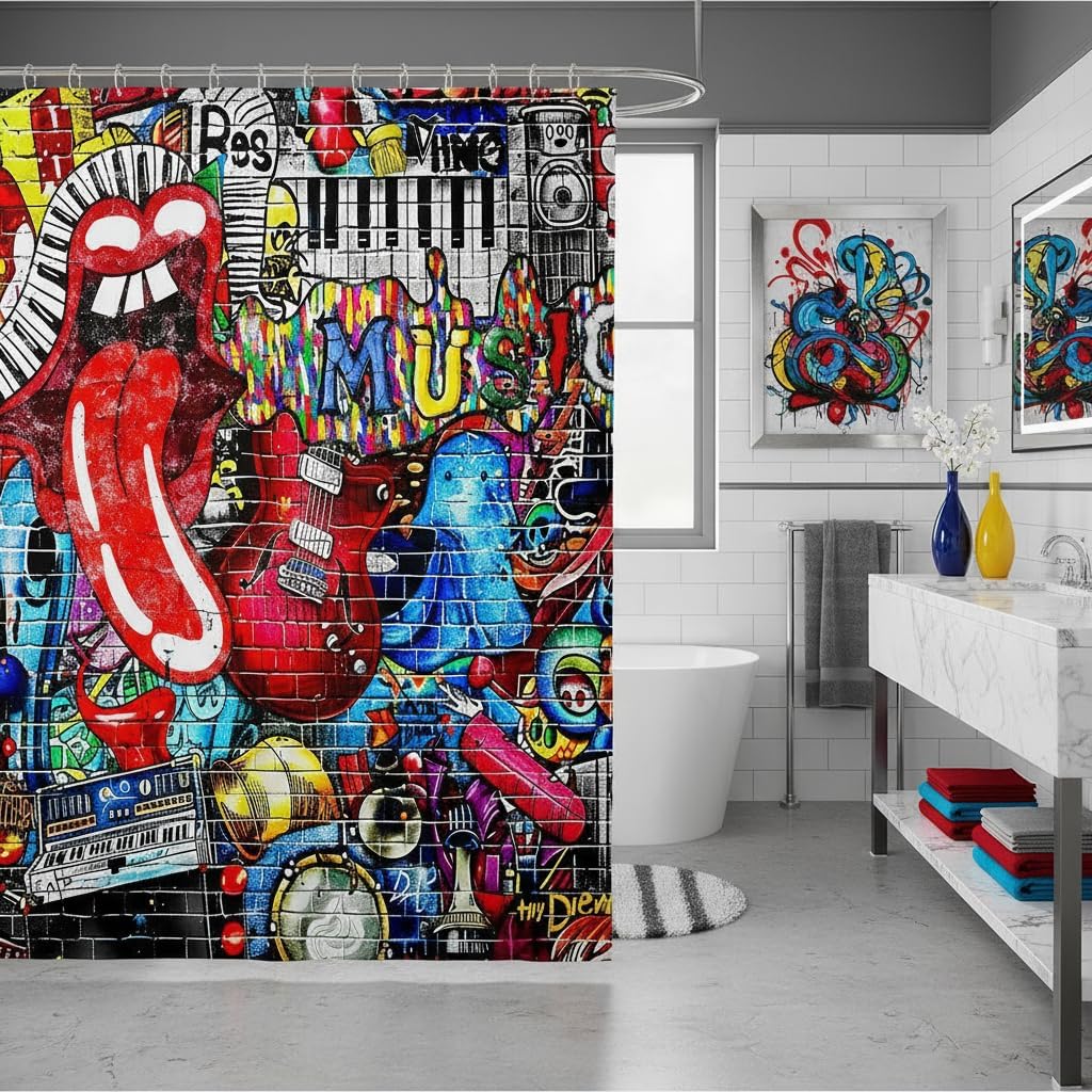 Homewish Music Themed Graffiti Shower Curtain, Teens Girls Colorful Brick Wall Graffiti Bathroom Fashion Red Lips 3D Print Waterproof Curtain Boys Hippie Style, 12 Hooks, 72" W x 78" L