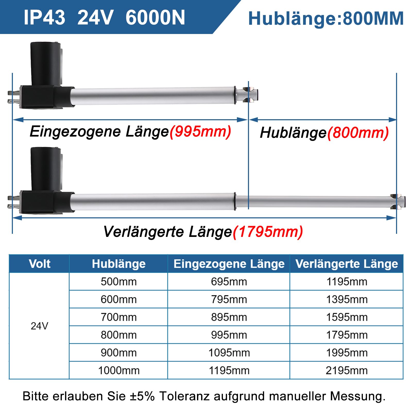 Napęd liniowy DC 24 V, 6000 N, 800 mm, siłownik liniowy, siłownik do medycznych, samochodowych, elektrycznych otwieraczy drzwi, sofy podnoszącej (4 mm/s)