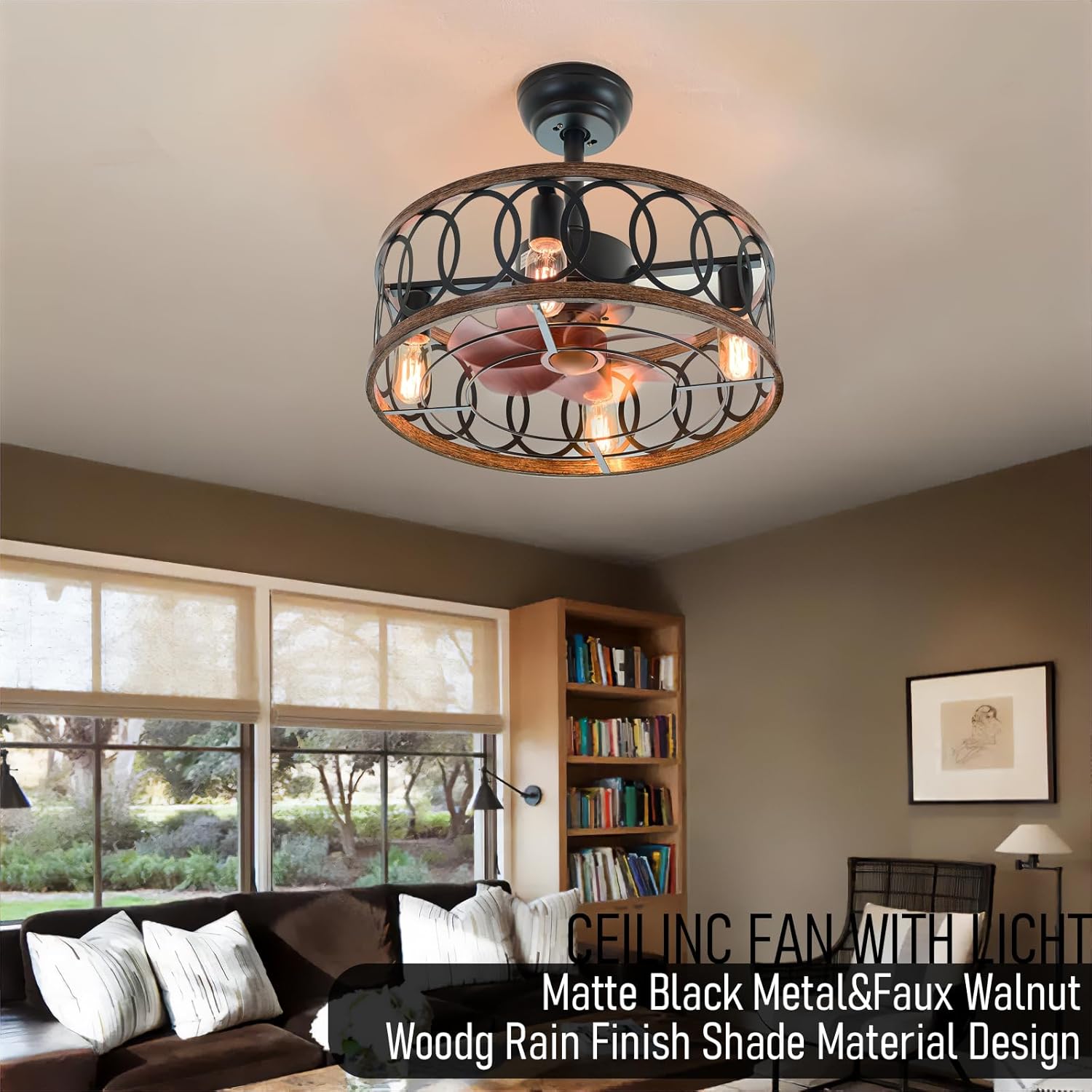19" Industrial Caged Ceiling Fans with Light 4-Lights Farmhouse Flush Mount Fandelier Walnut Wood Metal Chandelier Fan Remote 6 Wind Speed Reversible for Bedroom Dining/Living Room Kitchen Entry