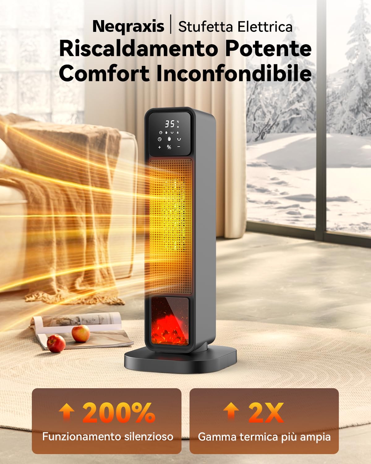 Termoventilatore a Colonna, Stufa Elettrica Basso Consumo 2200W PTC, Stufa Elettrica con Effetto Camino LED, Telecomando, Oscillazione, Timer 12H, Múltiples Funciones de Protección per Ambienti 25m²