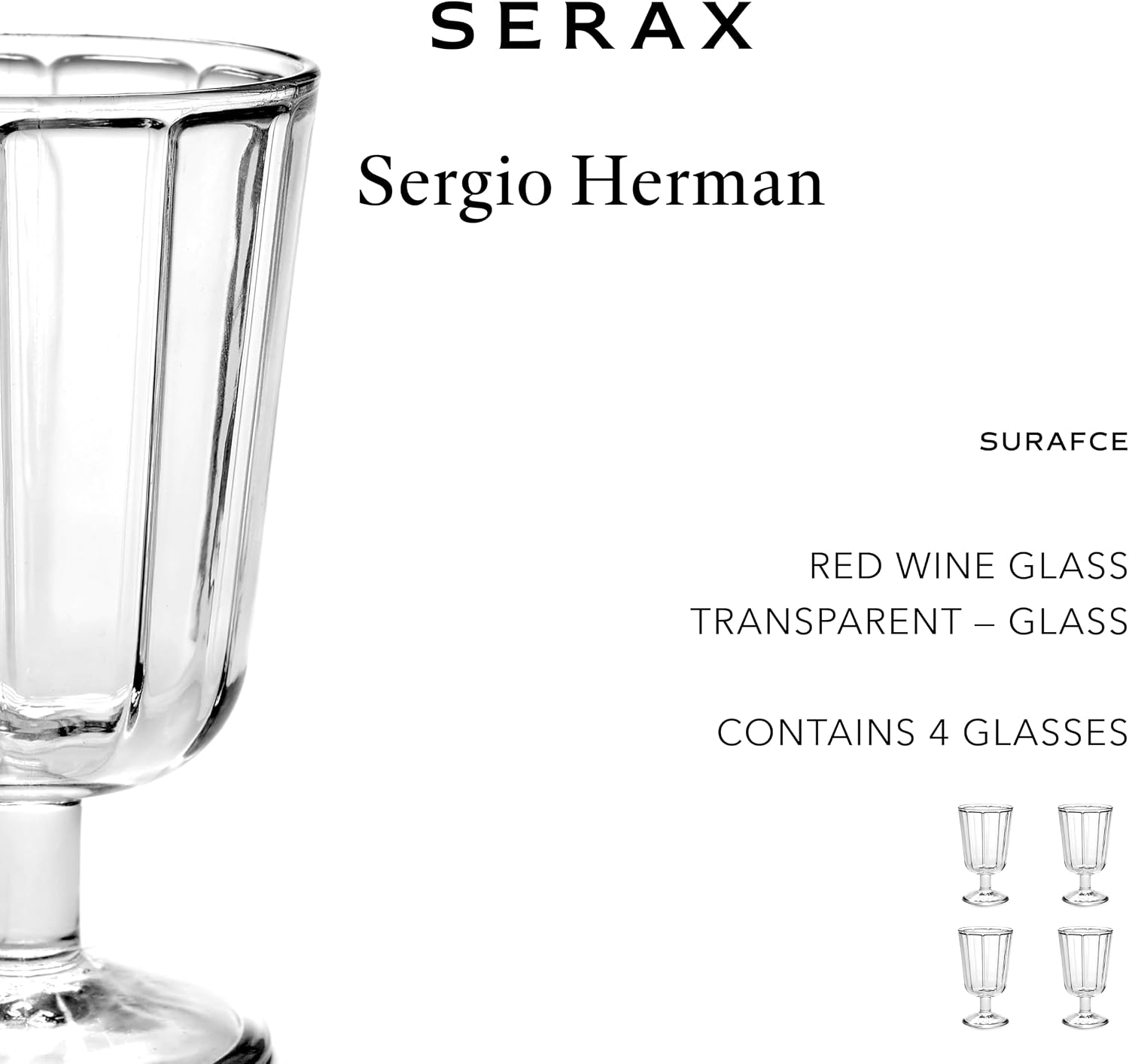 Serax Red Wine Glasses Set of 4 | Surface glassware by Sergio Herman | Transparent Drinking Glasses | Glass Cups with Clear Stem | Champagne Flutes and Wine Glasses | Kitchen (7.78 ounces)