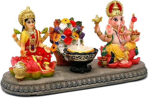 Miniatura 8 de Estatua de Dios indio Ganesha Lakshmi – 8.1 pulgadas de largo Dios hindú Ganesh Laxmi con Diya Diwali regalo para amigos indios, hombre y mujer,