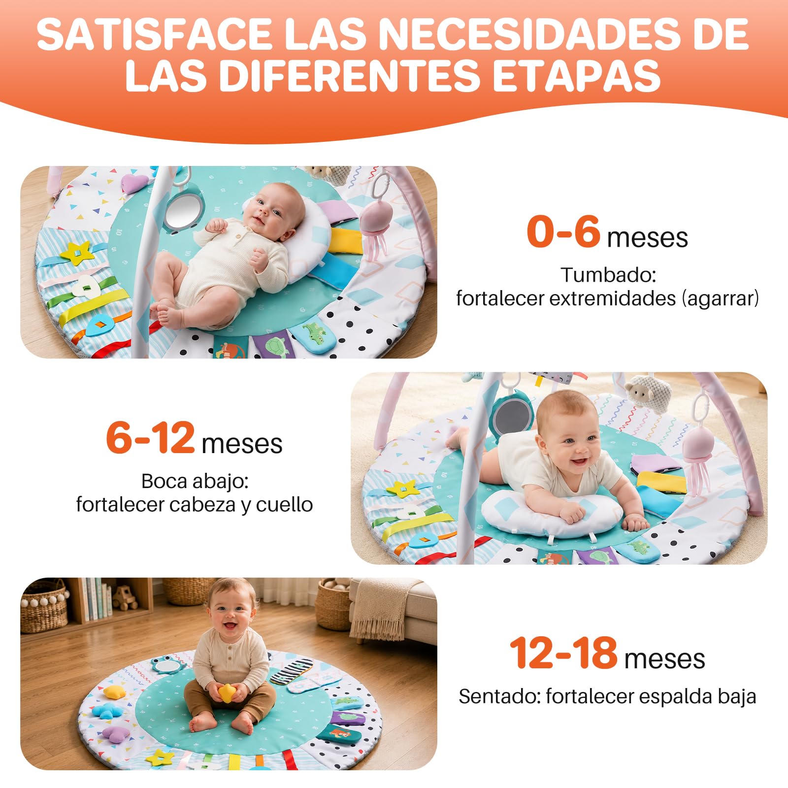 FUNYKICH Gimnasio para Bebé 0-18 meses con Alfombra Antideslizante | 95x95x52cm, 5 Juguetes Colgantes+Espejo+Almohada, Lavable a Máquina, Regalo para Recién Nacido, para Desarrollo Cerebral