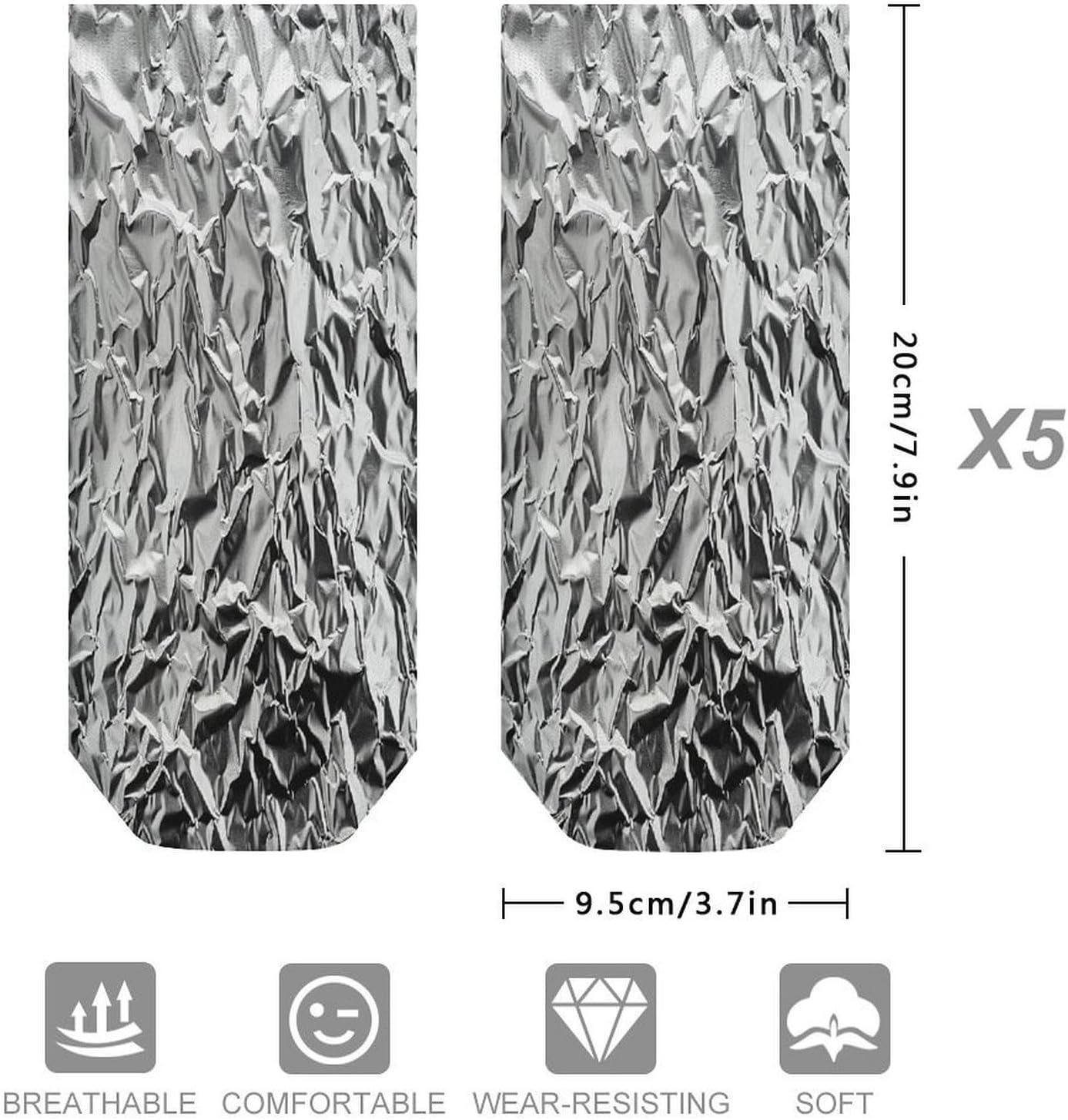 Textured Aluminum Foil Ankle Socks for Men Women - Low Cut, Ultra-Soft, Moisture Wicking Athletic Running, 5 Pairs