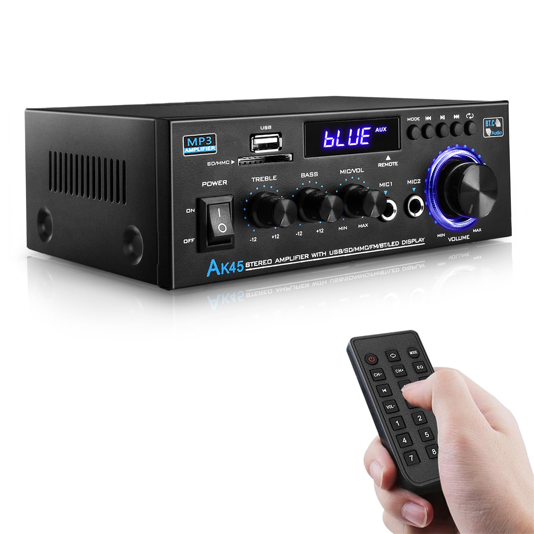 AK45 300W Bluetooth 5.0 Stereo Audio Amplifier,2 Channel Home Audio Amplifier w/USB/SD Card/BT/Mic Input for Home/Garage/Ceiling/Passive Speaker Theater System