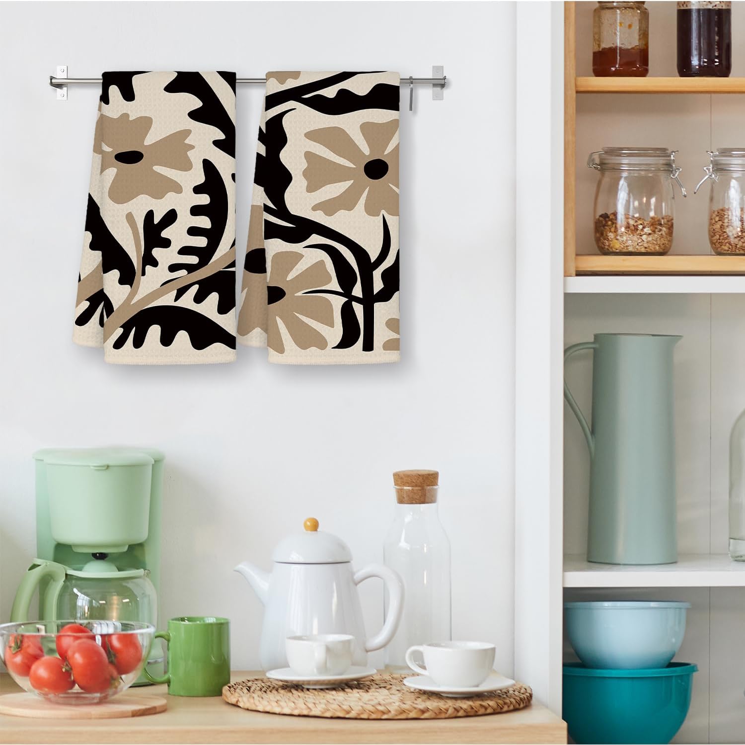 Abstract Kitchen Towels Boho Floral Kitchen Towels Set of 2, Flower Botanical Dish Towels for Kitchen Drying, Dark Cottagecore Neutral Hand Towels for Bathroom, 16x24 Inch