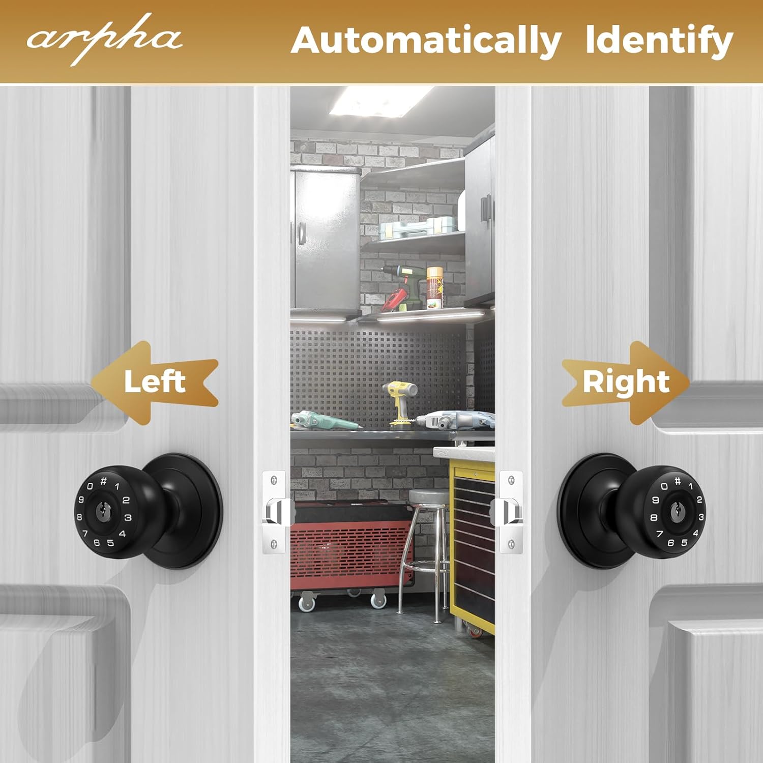 ARPHA D160 Keypad Door Lock showing automatic identification for left-handed and right-handed door installations.