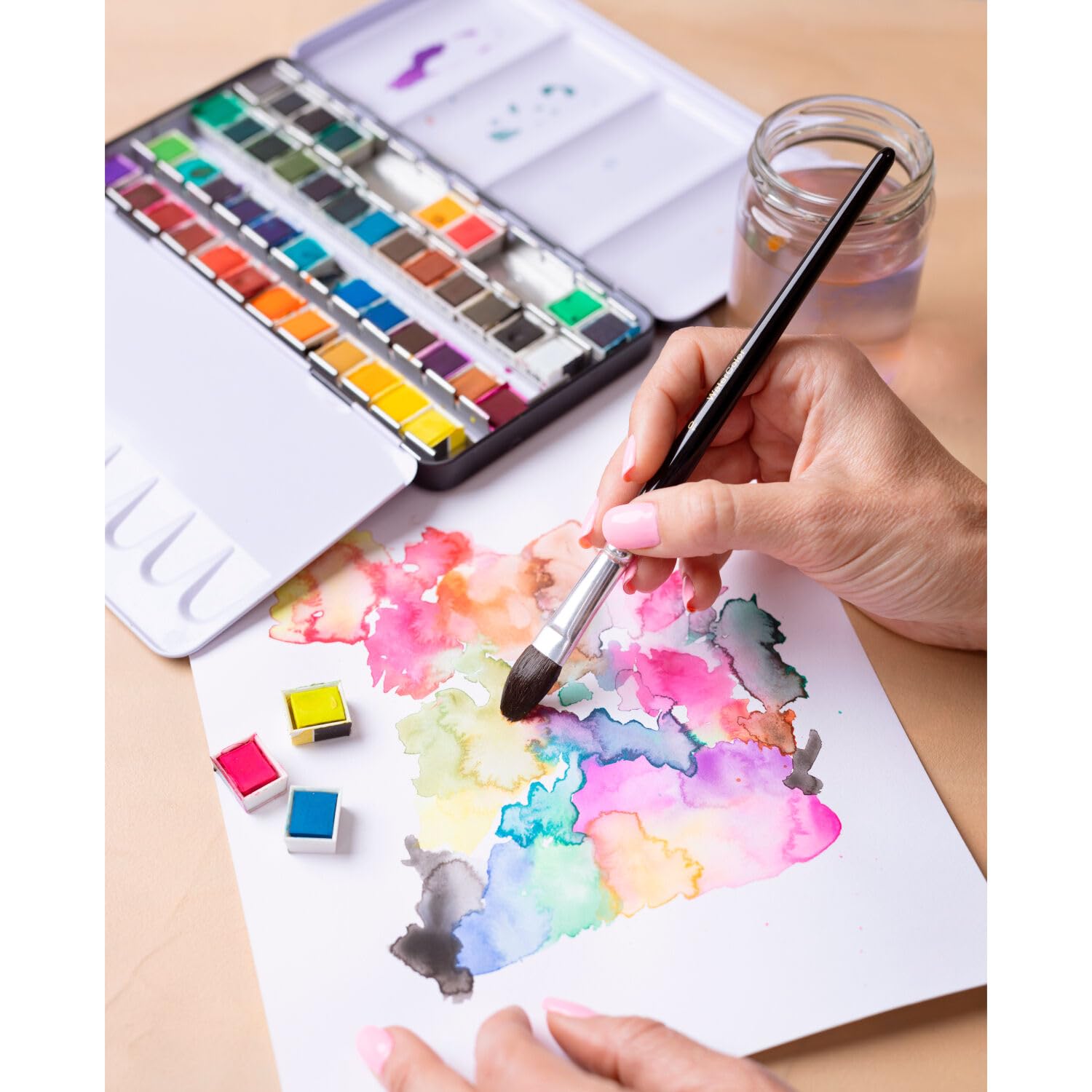 NEU Aquarellkasten Metall, Art Aqua Standard-Farben, gefüllt mit 48x 1/2 Näpfchen