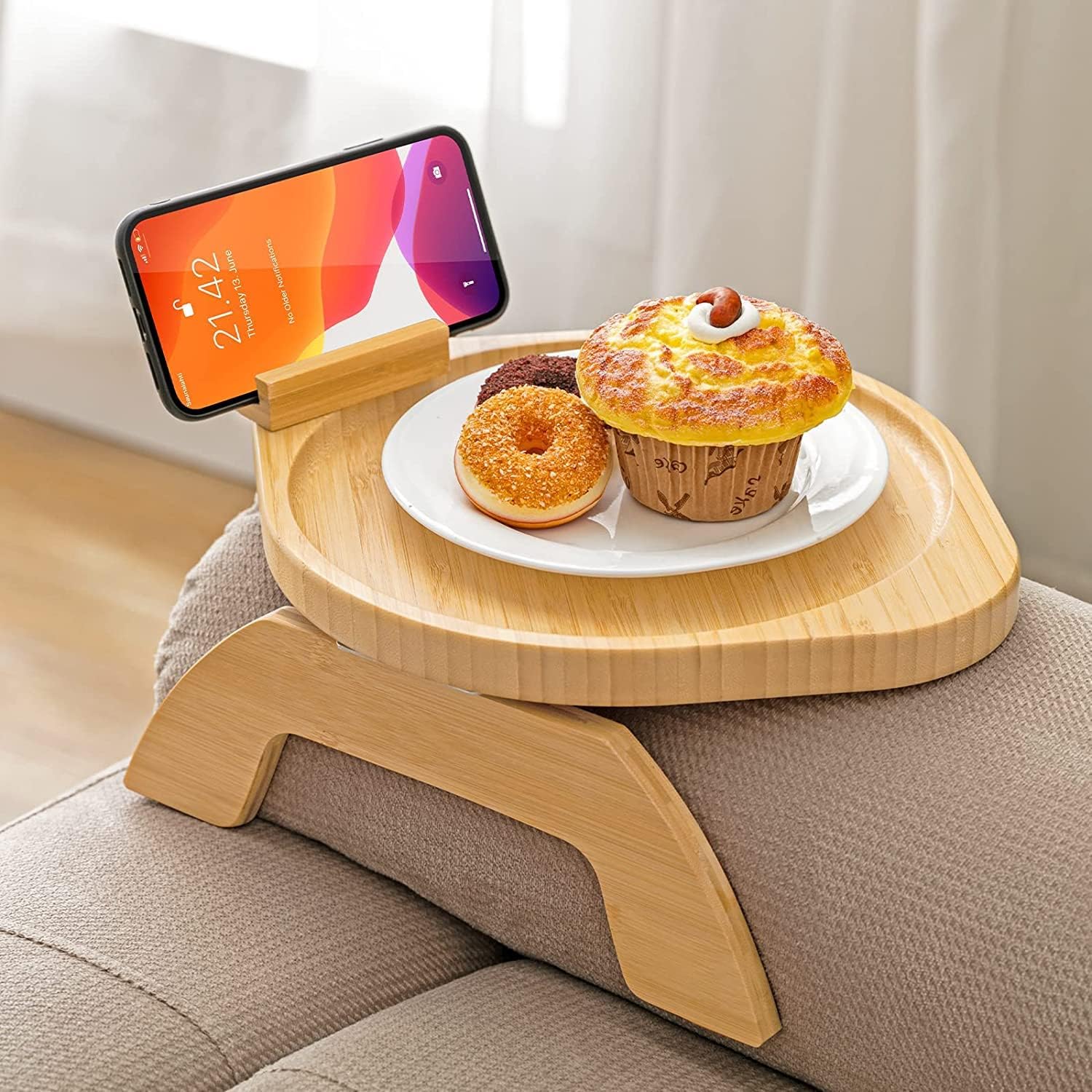 Nnewvante Sofa Tray with Rotating Mobile Phone Holder, Wooden Bamboo Couch Tray Armrest, Foldable Clip On Sofa Tray for Wide Sofas, Non-Slip Couch Armrest Table as Sofa Drink Holder Shelf