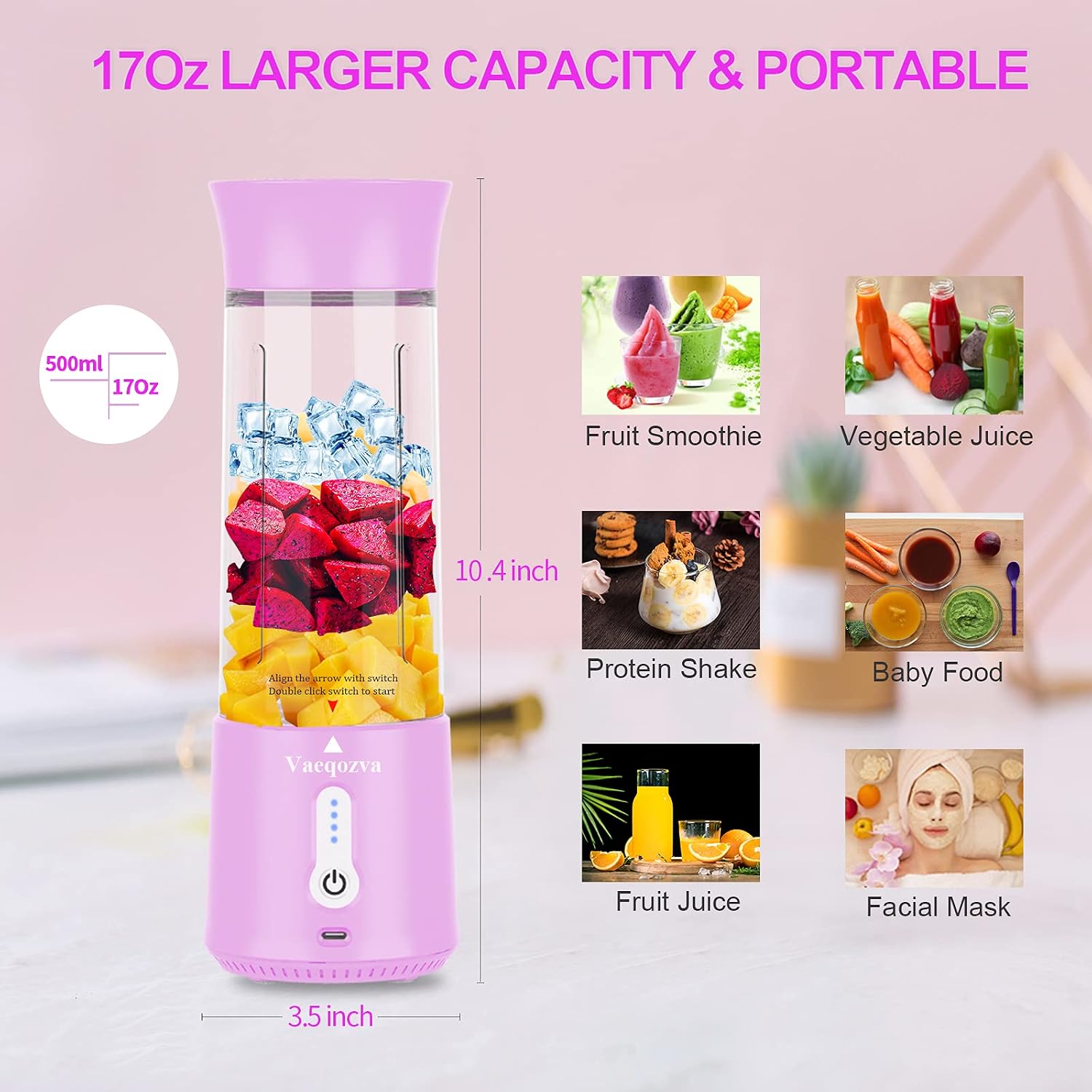 Portable Blender USB Rechargeable, Vaeqozva 2021 Pro 17 Oz Large Capacity Mini Blender for Shakes and Smoothies, Waterproof Personal Size Jucier for Travel, Home