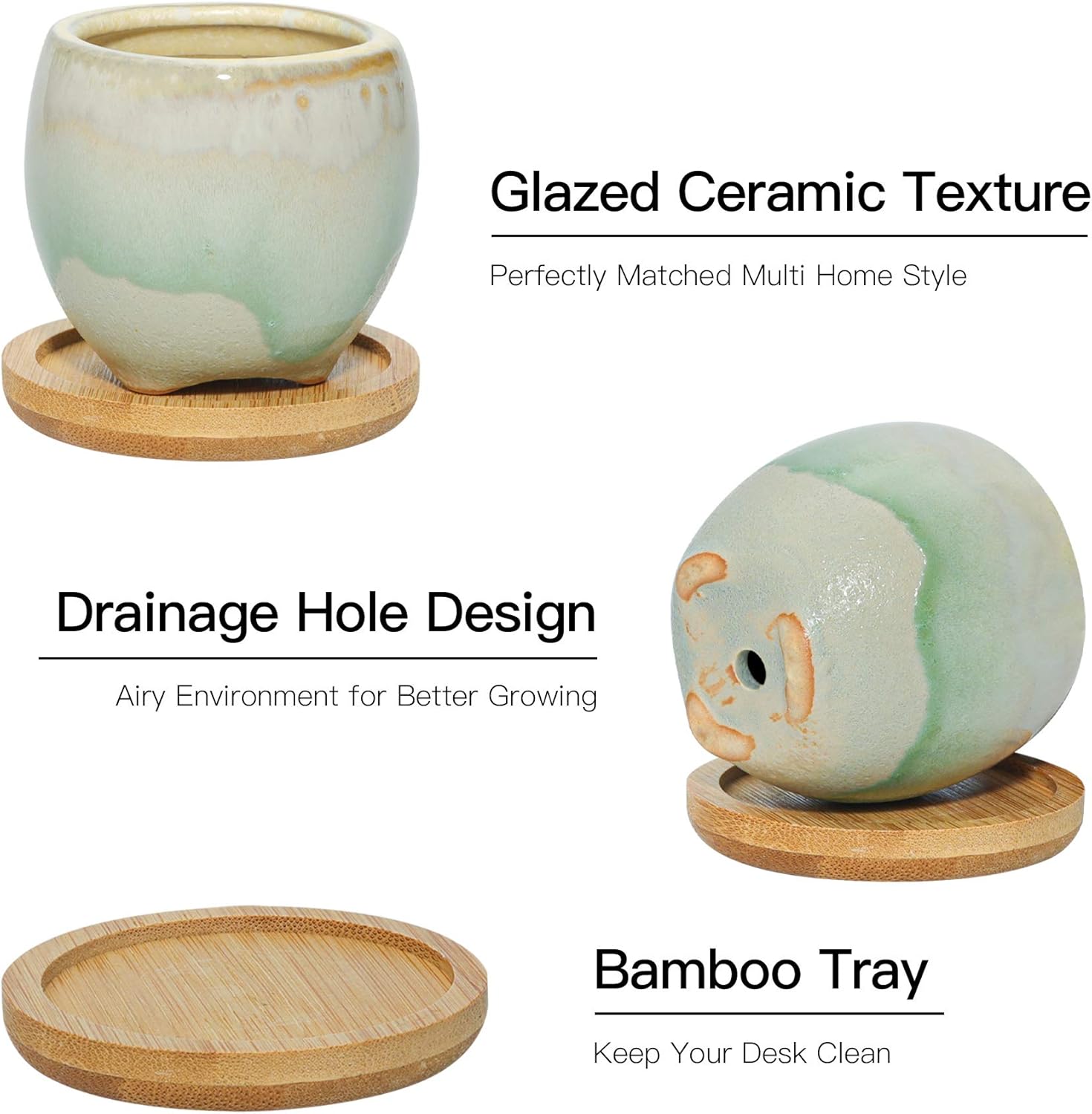 T4U Small Ceramic Succulent Planter Pots with Bamboo Tray Set of 6, Sagging Glazed Porcelain Handicraft as Gift for Mom Sister Aunt Best for Home Office Restaurant Table Desk Window Sill Decoration