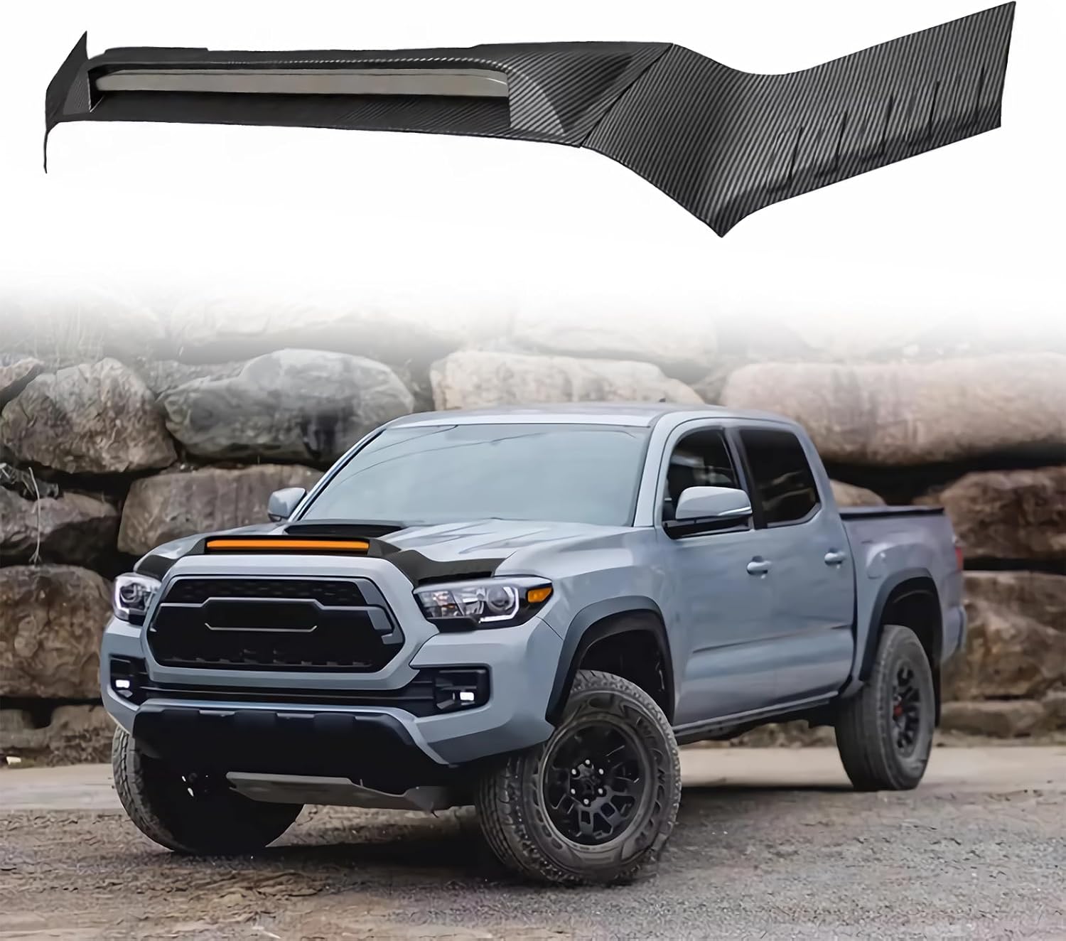 Hood Shield Compatible with Toyota Tacoma 2016-2023, Black Stone & Bug Deflector Hood Protector with LED Lights (Black Carbon Fiber)