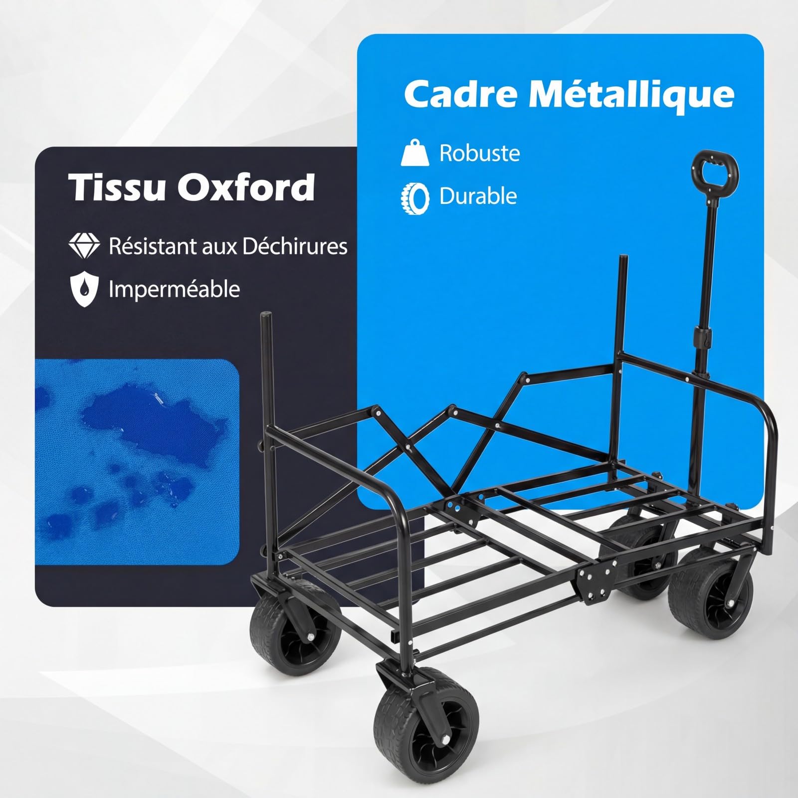 COSTWAY Chariot de Plage Pliable Banc 2-en-1, Chariot de Transport 85 L avec Poignée Ajustable Poussée/tirée Coussins Doux et Roues Tout-Terrain, pour Camping Sport et Shopping (Bleu)