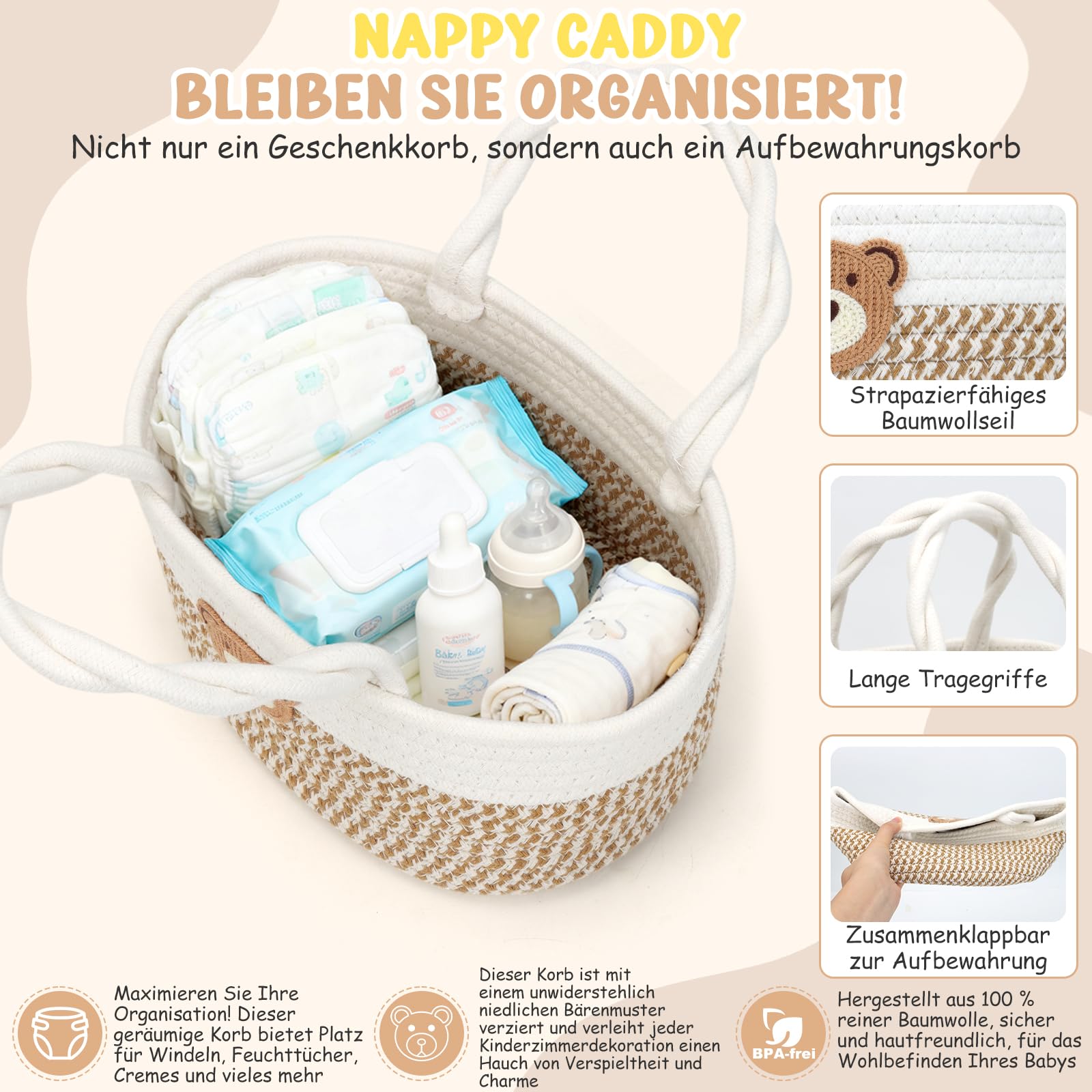 Baby-Geschenkkorb, Geschenkkorb für Neugeborene, Set mit Windel-Caddy sensorisches Buch, Babydecke, Wickelsocken, Rassel, Lätzchen, Meilensteinkarten, Babyparty-Geschenkbox für Jungen, Mädchen, Unisex