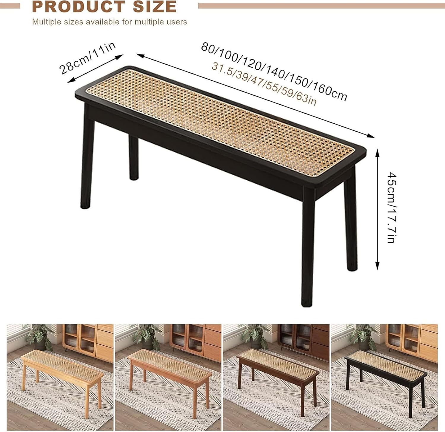 Farmhouse Woven Rattan Entryway Bench for 2, Solid Wood Dining Bench, Stylish End of Bed Seating for Bedroom, Kitchen, Living Room (Brown, 80x28x45cm)
