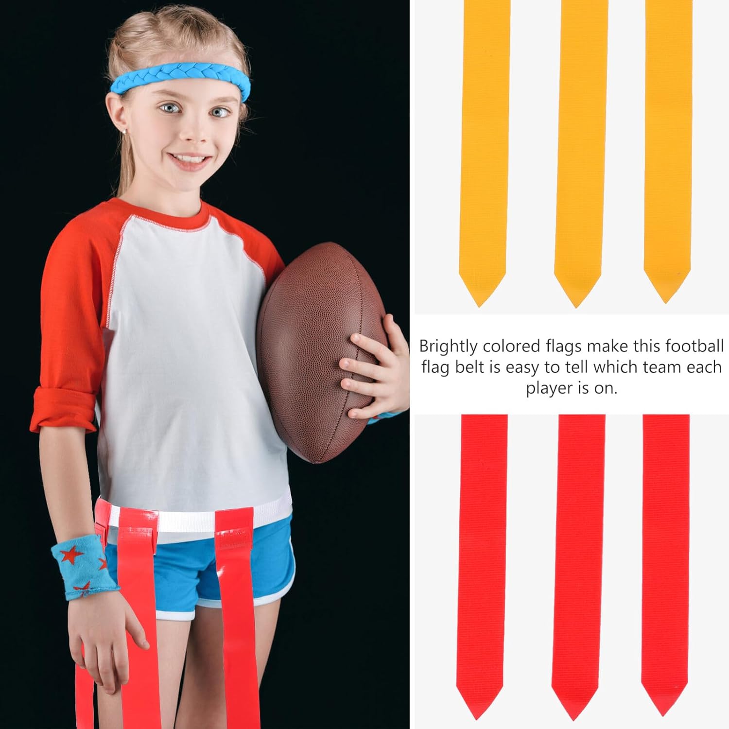 Flag Football Waist Belt Set with Adjustable White Belts and Reusable Red and Yellow Flags for Youth Football Game Training