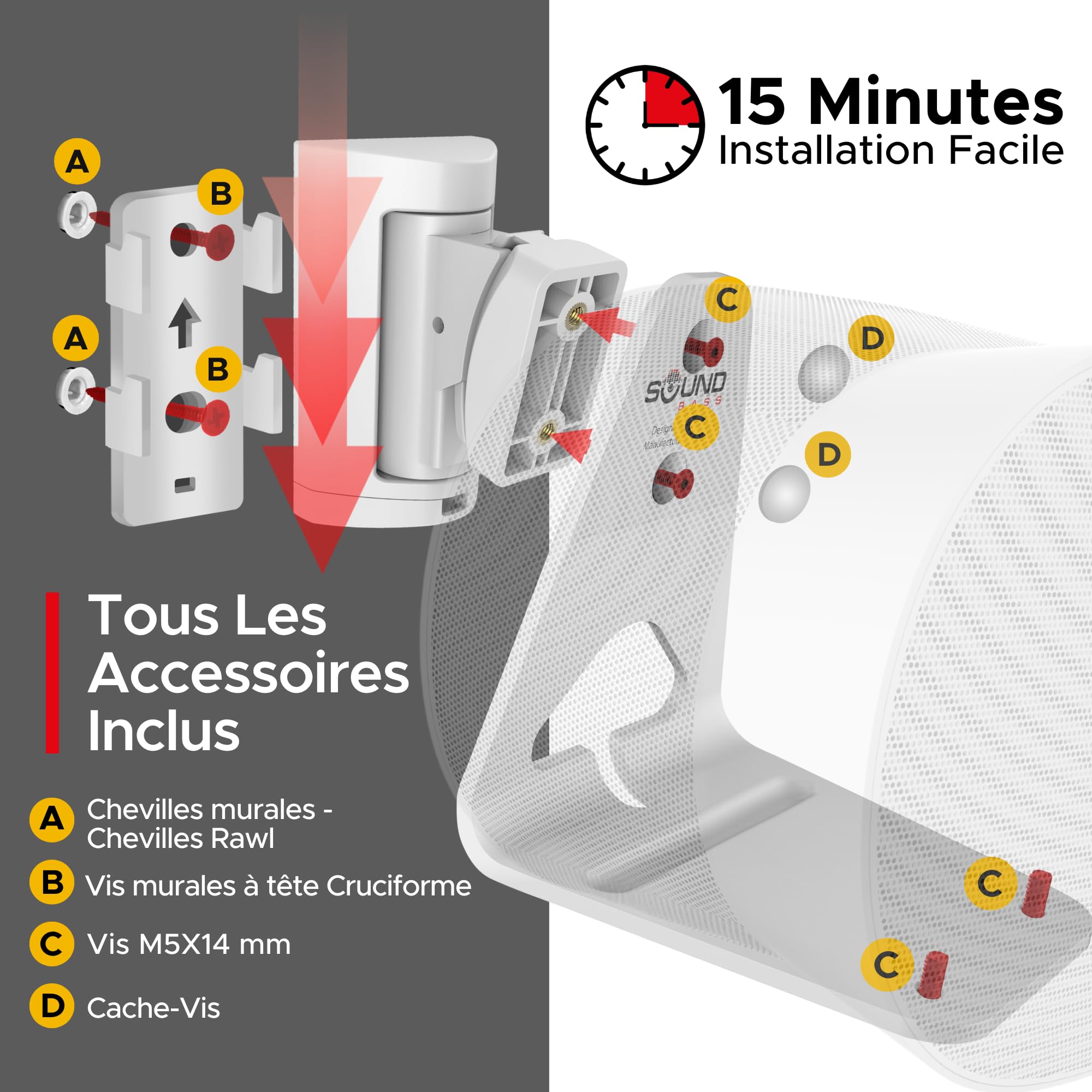 Sound Bass ERA300 Support Mural, Inclinable et Pivotant, Blanc, Simple (1 pièce), Compatible avec Sonos ERA 300, Installation Facile, Kit de Fixation Inclus