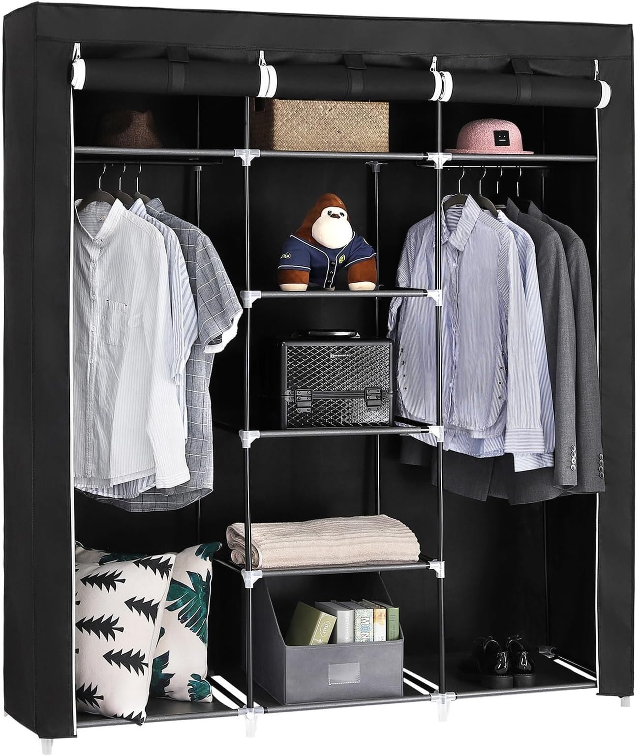 Songmics Fabric Wardrobe, Foldable Closet With Hanging Rail, Clothes Rack, Storage Organiser For Bags, Toys, Shoes, Living Room, Bedroom, Cloakroom, 150 X 45 X 175 Cm, Black Ryg12B