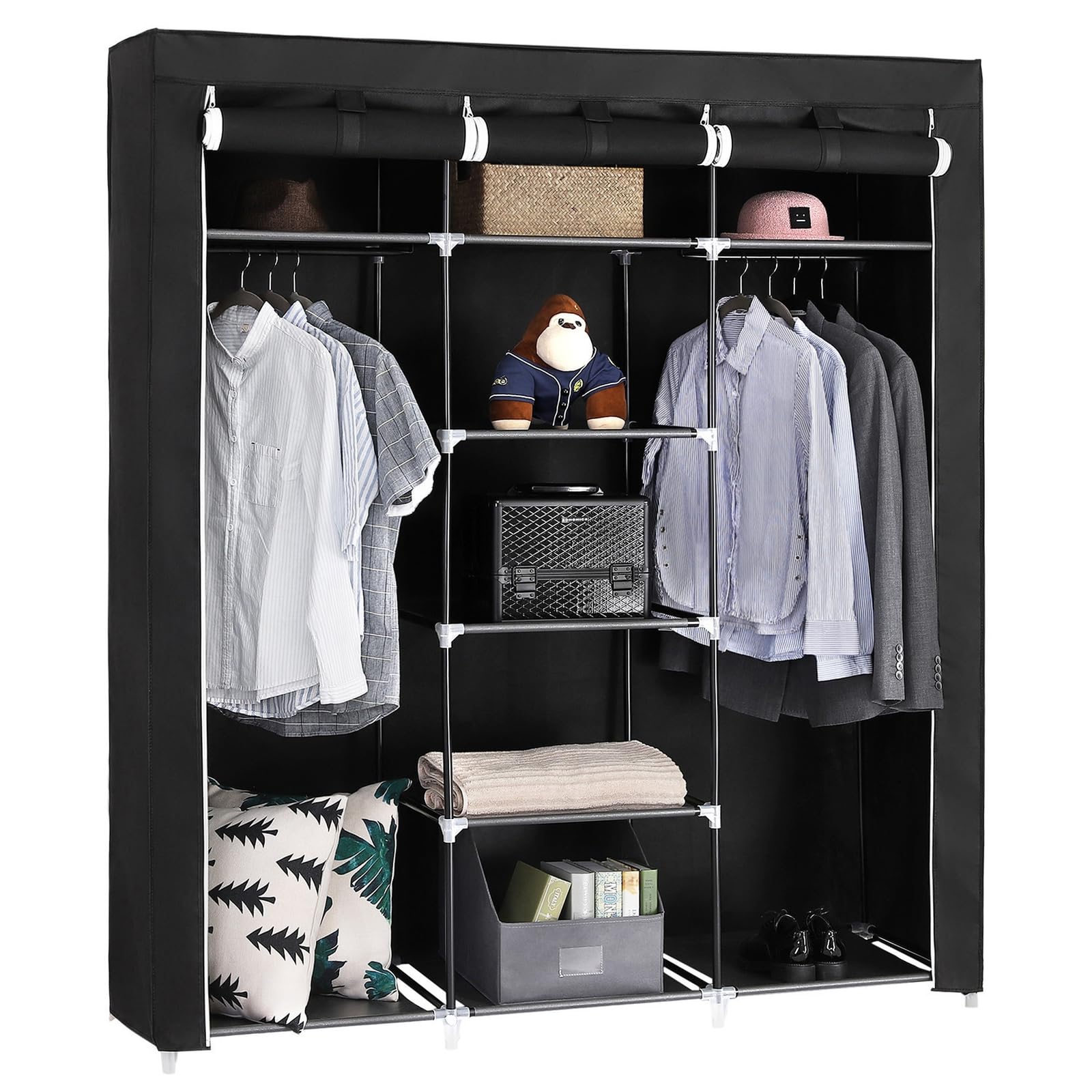 SONGMICS Armario de Tela , Armario Portátil con Barra Colgante, Perchero Plegable, para Vestuario, Dormitorio, Cuarto de estudio, 150 x 45 x 175 cm, Negro RYG12B