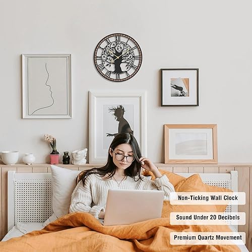 Miniatura 3 de Micasso Reloj de pared grande sin tictac árbol de la vida de metal negro con marco de madera maciza, reloj silencioso a pilas para decoración de