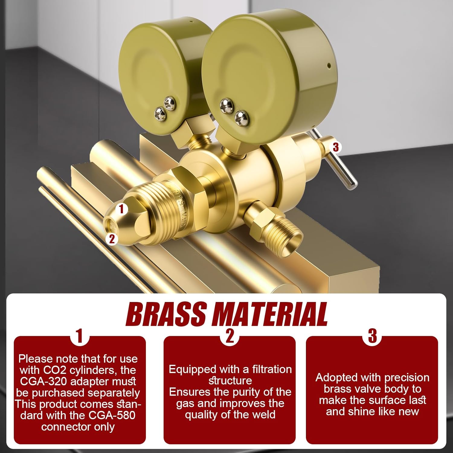 Argon Co2 Regulator, Welding Argon Gas Regulator for TIG and MIG, Dual Gauge Co2 Regulators with 6.6FT Welding Gas Hose, CGA580 Inlet Connection, 0-4000PSI Input Pressure