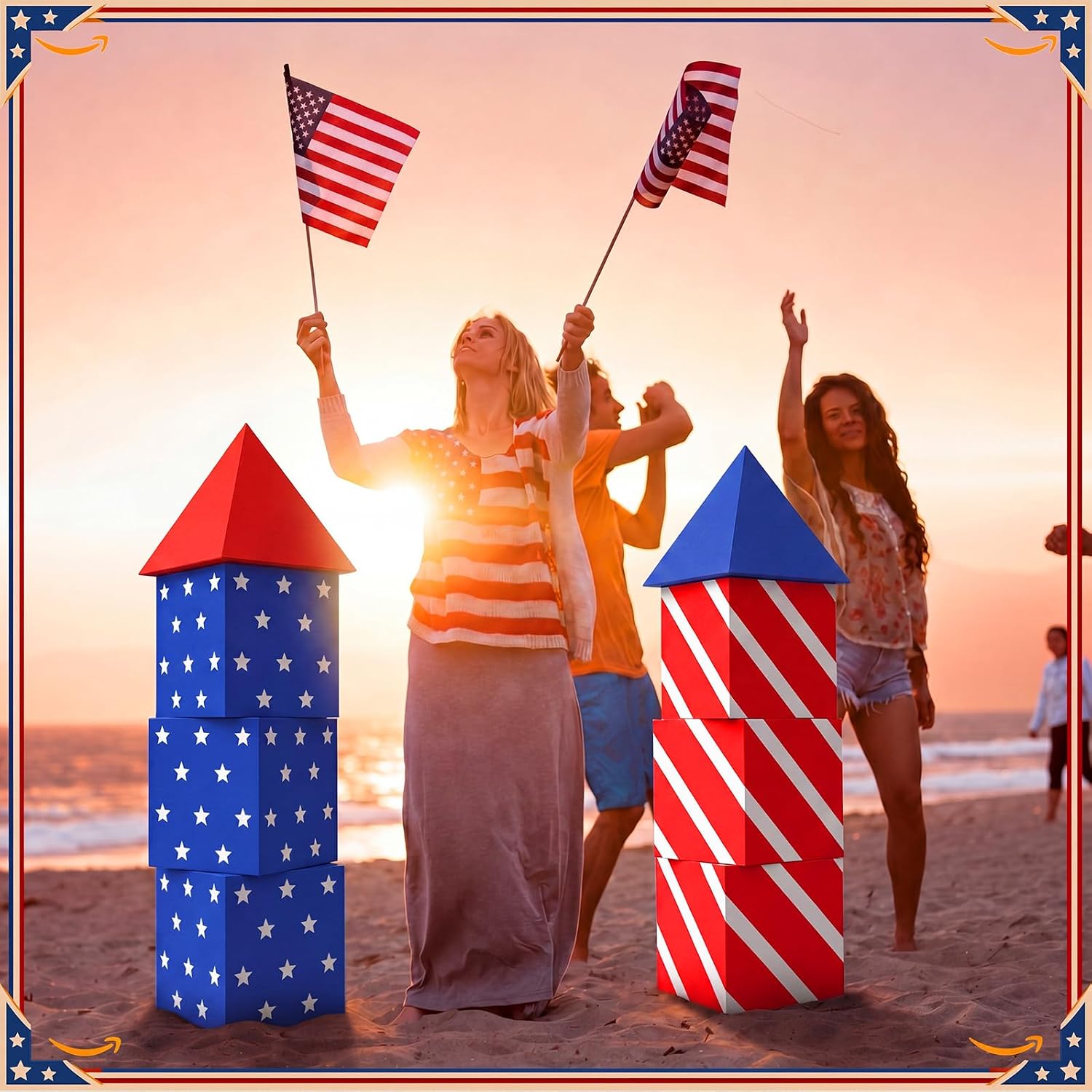Pasimy 8 Pcs 4th of July Party Decorations Patriotic Firework Cardboard Boxes Decor Red White and Blue Firework Photo Prop Boxes for 4th of July 250th Anniversary Indoor Outdoor Party Supplies