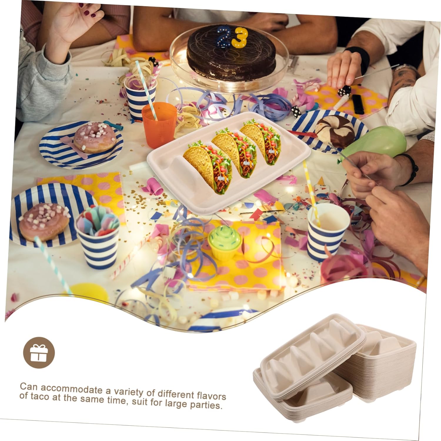 OUNONA 50pc Taco Rack Pulp Fiber Disposable Plates 3 Section Trays Wave Shape Serving Trays Taco Party Supplies Sushi Board