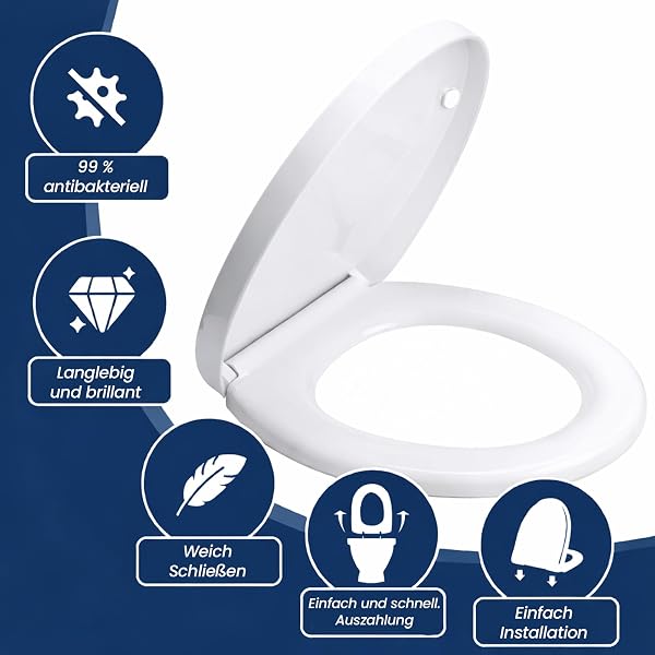TOREOKO WC Sitz mit Absenkautomatik Rund Weiß – Toilettendeckel O-Form bis 200 kg – Klodeckel Softclose mit Befestigung – Inkl. 10 Einweg-Toilettenauflagen – Universalgröße Badezimmer - 5