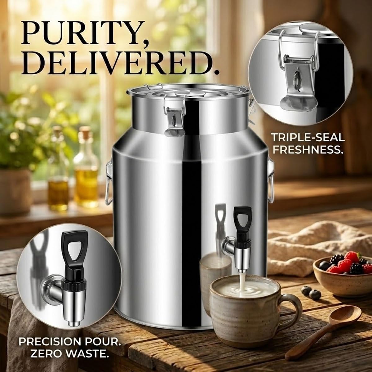 Cantarilla Lechera de Acero Inoxidable 15L con Tapa Estanca, Recipiente | Metálico Multiusos para Leche, Vino, Cerveza, Aceite y Almacenamiento de Alimentos(No faucet,42L/11.10Gal)
