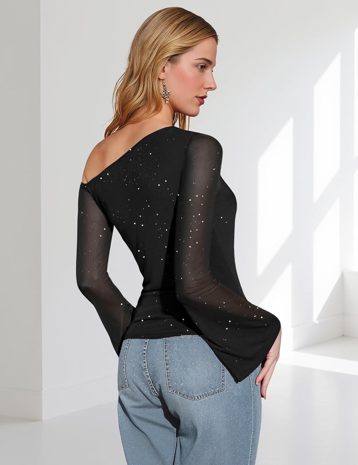 Aupuls Womens Sparkly Tops Bell Sleeve Off Shoulder Top Clubwear Outfits Sequin Christmas Shirt AUPG031 Black L - Image 3