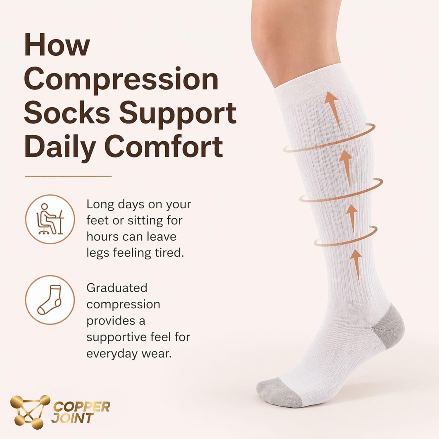 CopperJoint Knee High Compression Socks for Women and Men, Graduated Long Compression Socks for All-Day Standing, Sports & Travel, 15-20 mmHg Leg Support for Daily Wear - 1 Pair, Black, XLarge
