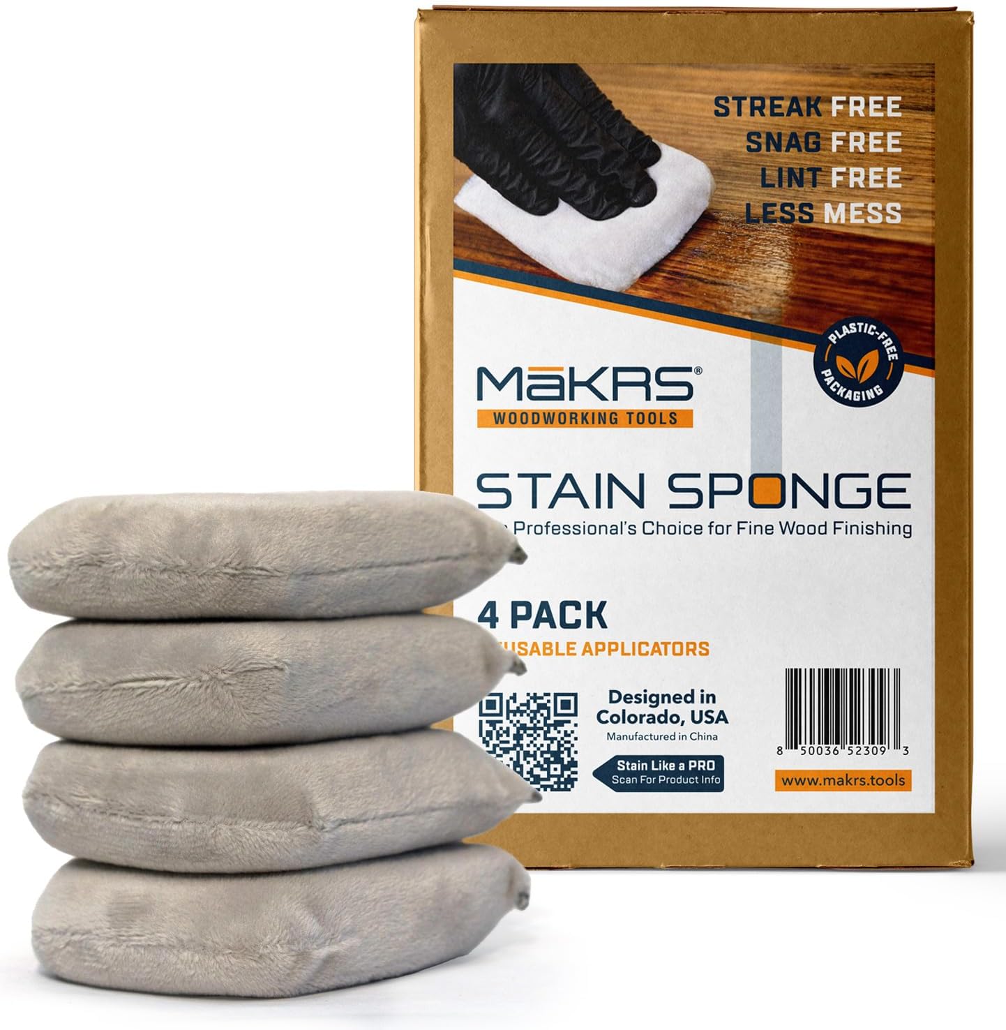MaKRS Stain Sponge 4-Pack: Lint-Free, Snag-Free Wood Stain Applicators for Streak-Free Finishes on All Wood Surfaces
