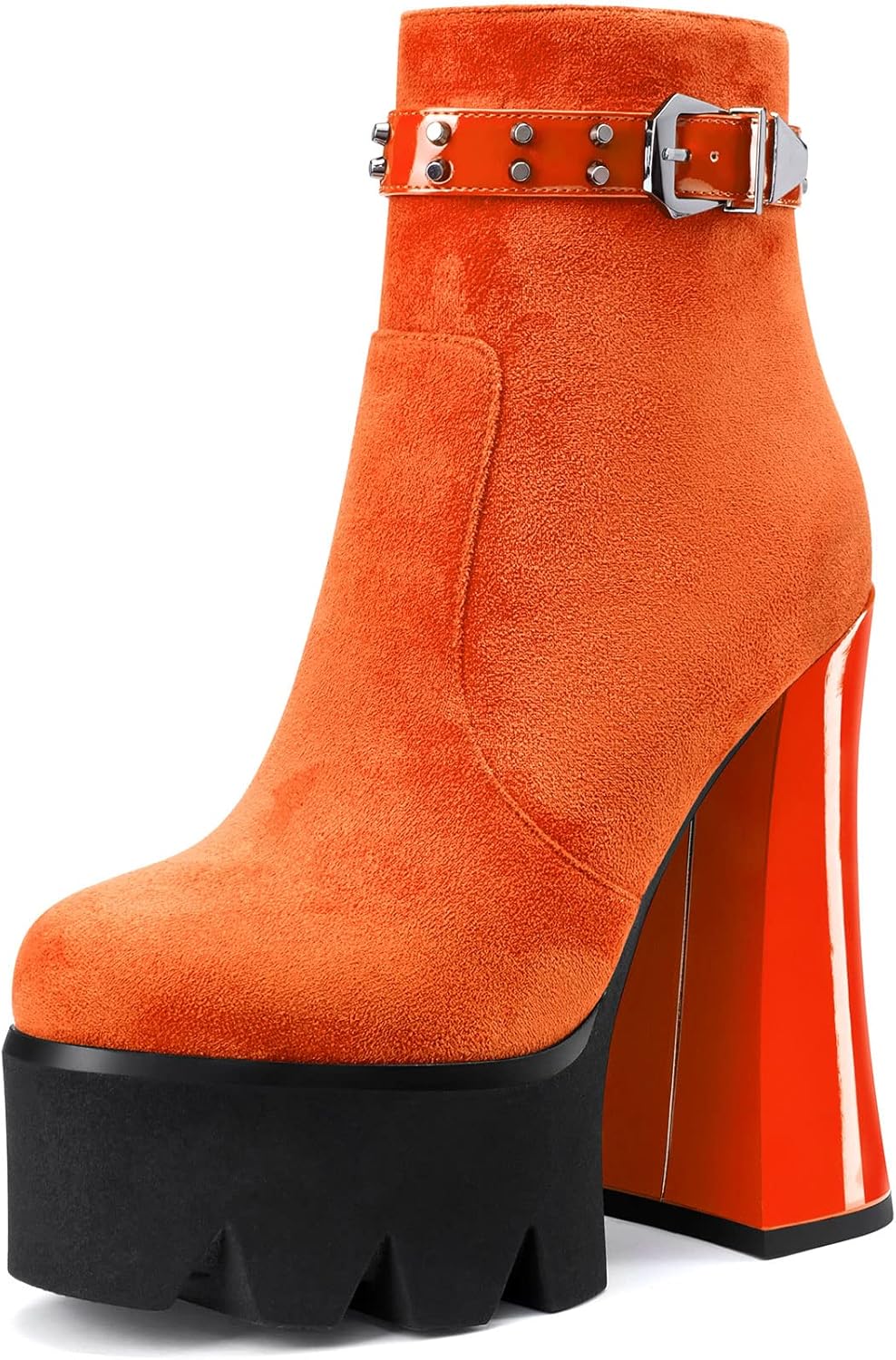 Aachcol Women Platform Ankle Boots Short Bootie Round Close Toe Chunky Block High Heel Suede Zipper Rivets 5.5 Inch