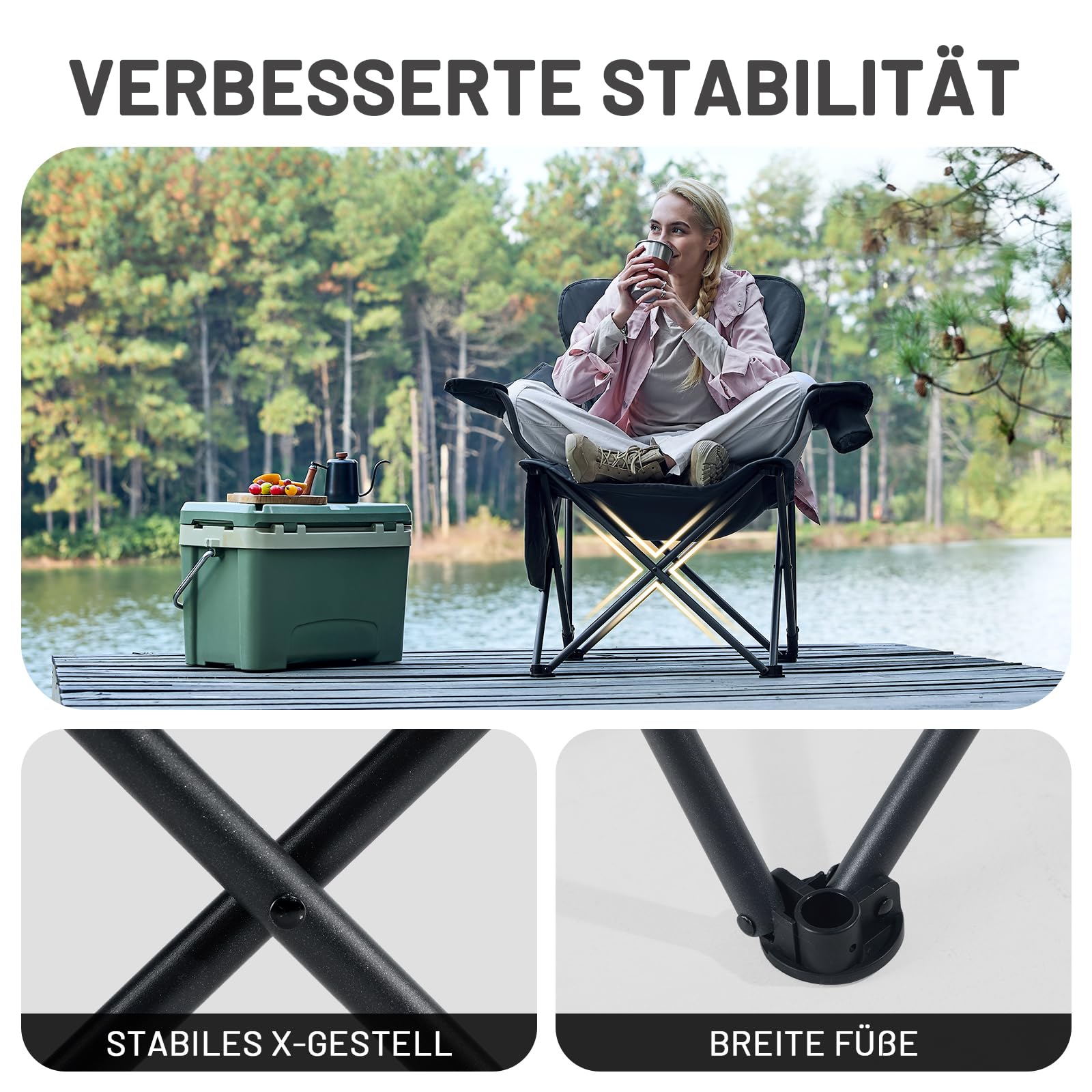 TIMBER RIDGE Campingstuhl Faltbar 180KG Rückenverstellbar in 3 Positionen Klappstuhl Gepolsterter Angelstuhl Übergroß Sitzbreite 62cm mit Seitentasche Getränkehalter