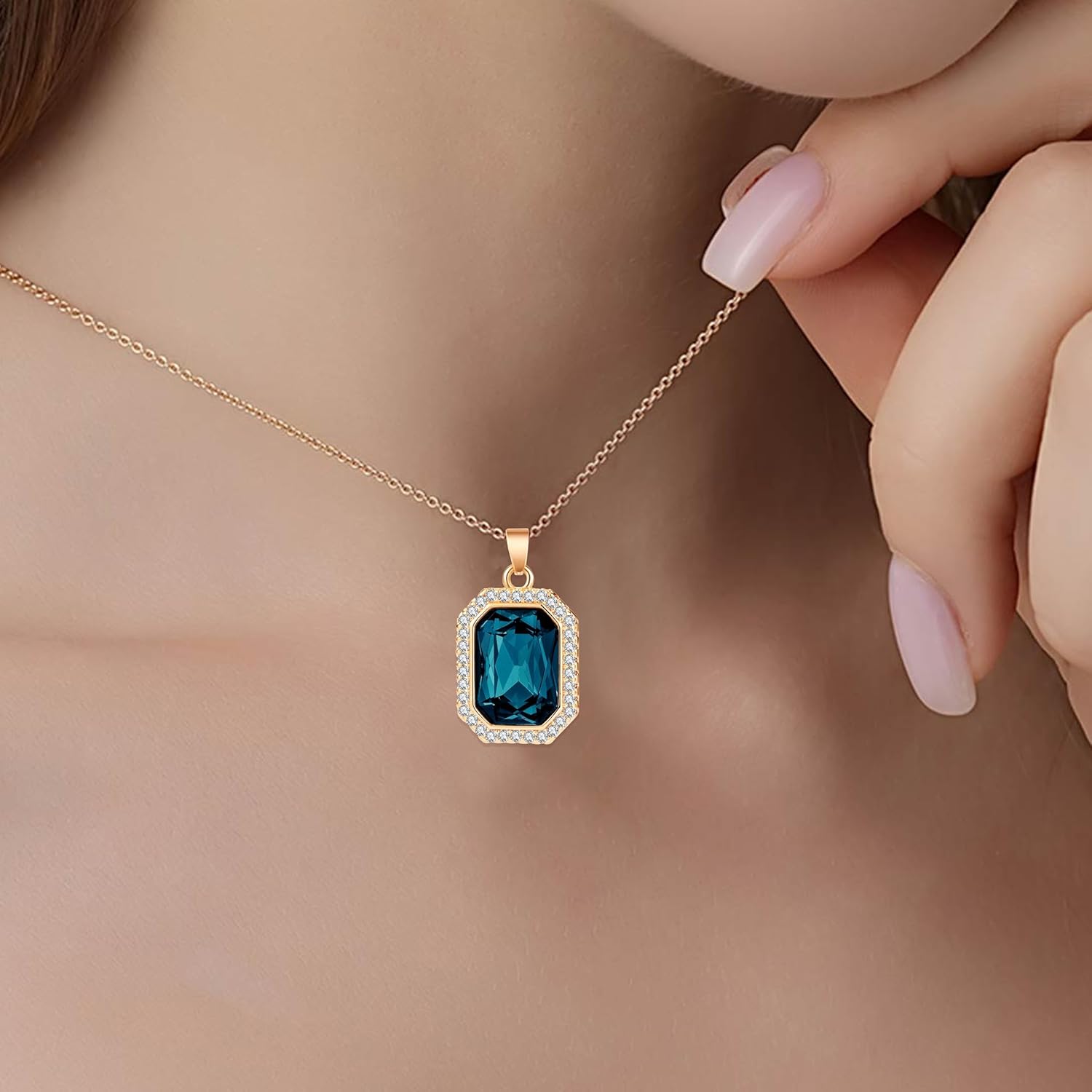 EVEVIC Austrian Crystal Halo Octagon Pendant Necklaces for Women Fashion 14K Gold Plated Dainty Necklace Hypoallergenic Jewelry - Image 2