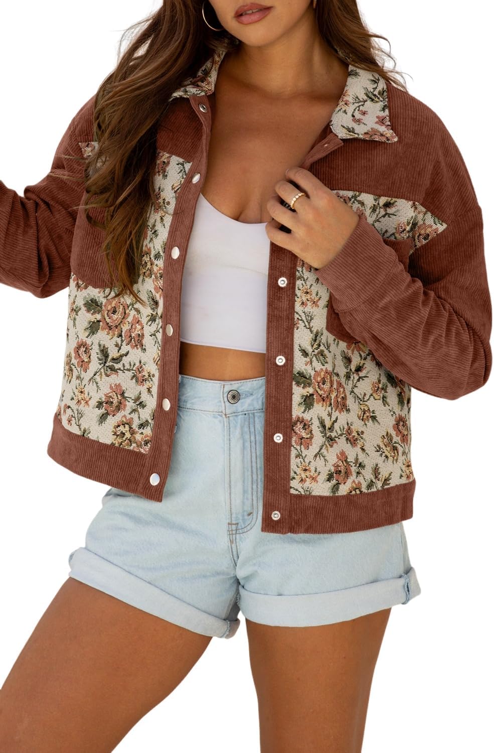 Maketina Womens Floral Patchwork Cropped Jacket Ribbed Retro Long Sleeve Button Down Shirts