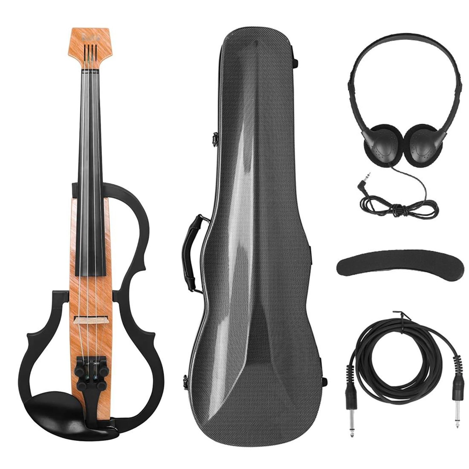 Skrzypce Elektryczne 4/4 Silent Z Futerałem Na Smyczek Z Włókna Węglowego Kablem Słuchawkowym I Podpórką Na Ramię Zestaw Skrzypcowy