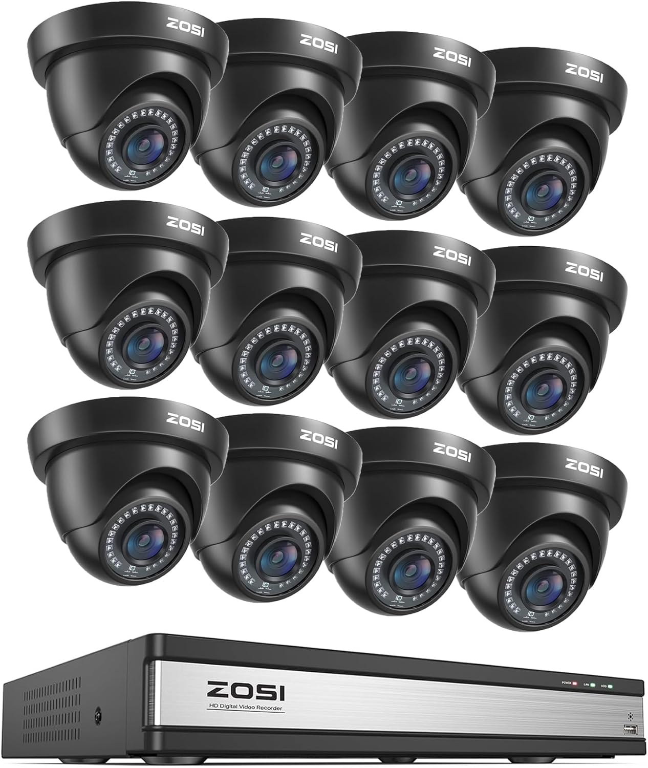 ZOSI 16CH 1080p Surveillance Security Camera System, H.265+ DVR with AI Human Vehicle Detect, 12 x 1080p Dome CCTV Camera Outdoor, 80ft Night Vision, IP66 Weatherproof, No Hard Drive