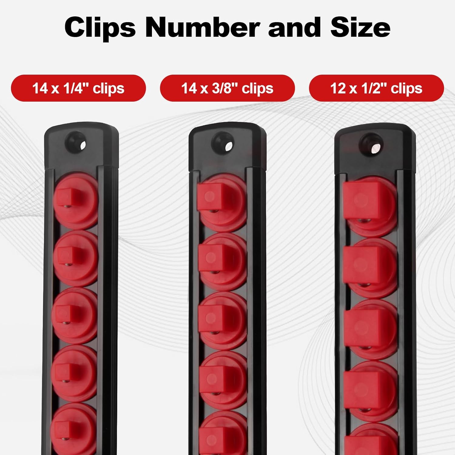 Fivepears Magnetic Socket Rails Storage Organizer, Heavy Duty Aluminum ABS Socket Holders, 360 Swivel Clips for Tool Box, 3/8 x 14, 1/2 x 12, 1/4 x 14 (Red)