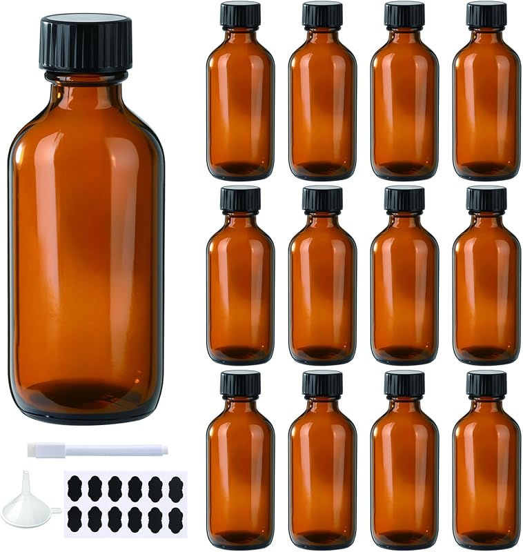 BPFY Pacote com 12 frascos Boston redondos de vidro âmbar de 60 mL com tampas pretas, funis e acessórios