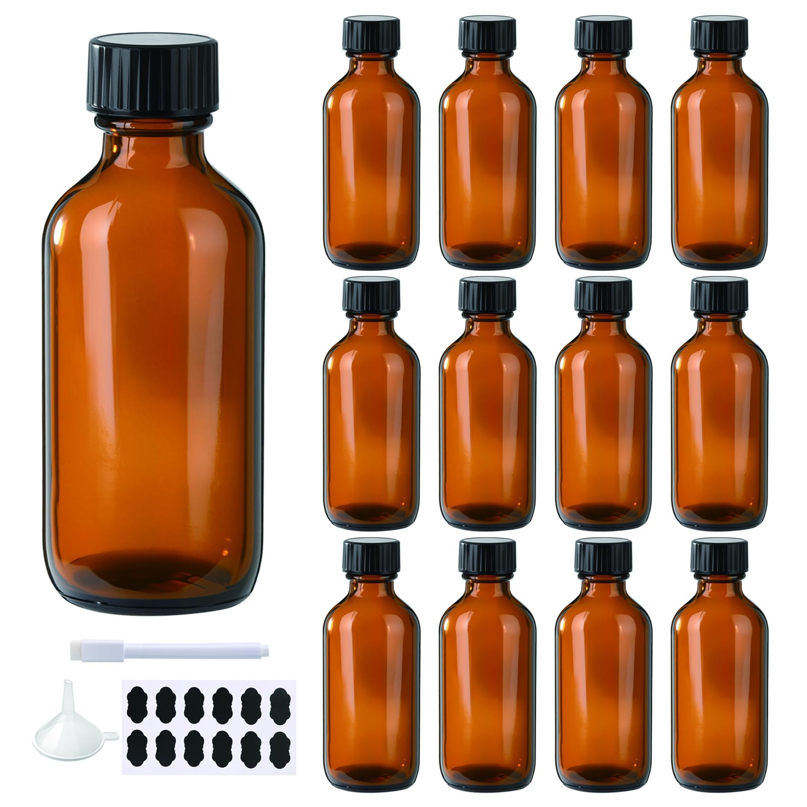 12 Pack 2oz Amber Boston Glass Bottle With Black Poly Cap, Funnel, Chalk Labels, Pen Dispensing Bottles for Homemade Vanilla Extract, Essential Oils, Herbal Medicine, Wedding Christmas Decor