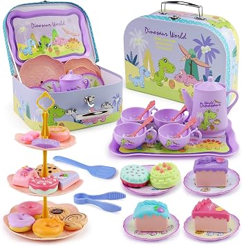 Motiloo 41 Pcs Dinosaur Kids Tin Tea Party Playset | Pretend Play Tea Set With Carrying Case & Sweet Treats, Ideal for Little Girls, Fun Princess Tea Time Activity