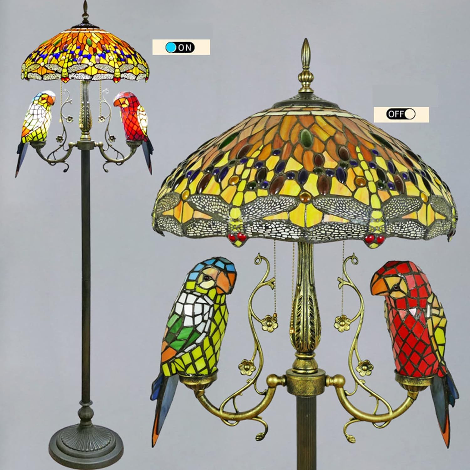 Parrot Floor Standing Lamp Tiffany Style 64 Inch Tall Stained Glass Shade Crystal Bead Dragonfly 5 Light Reading Floor Lamp for Bedroom Living Room,Orange