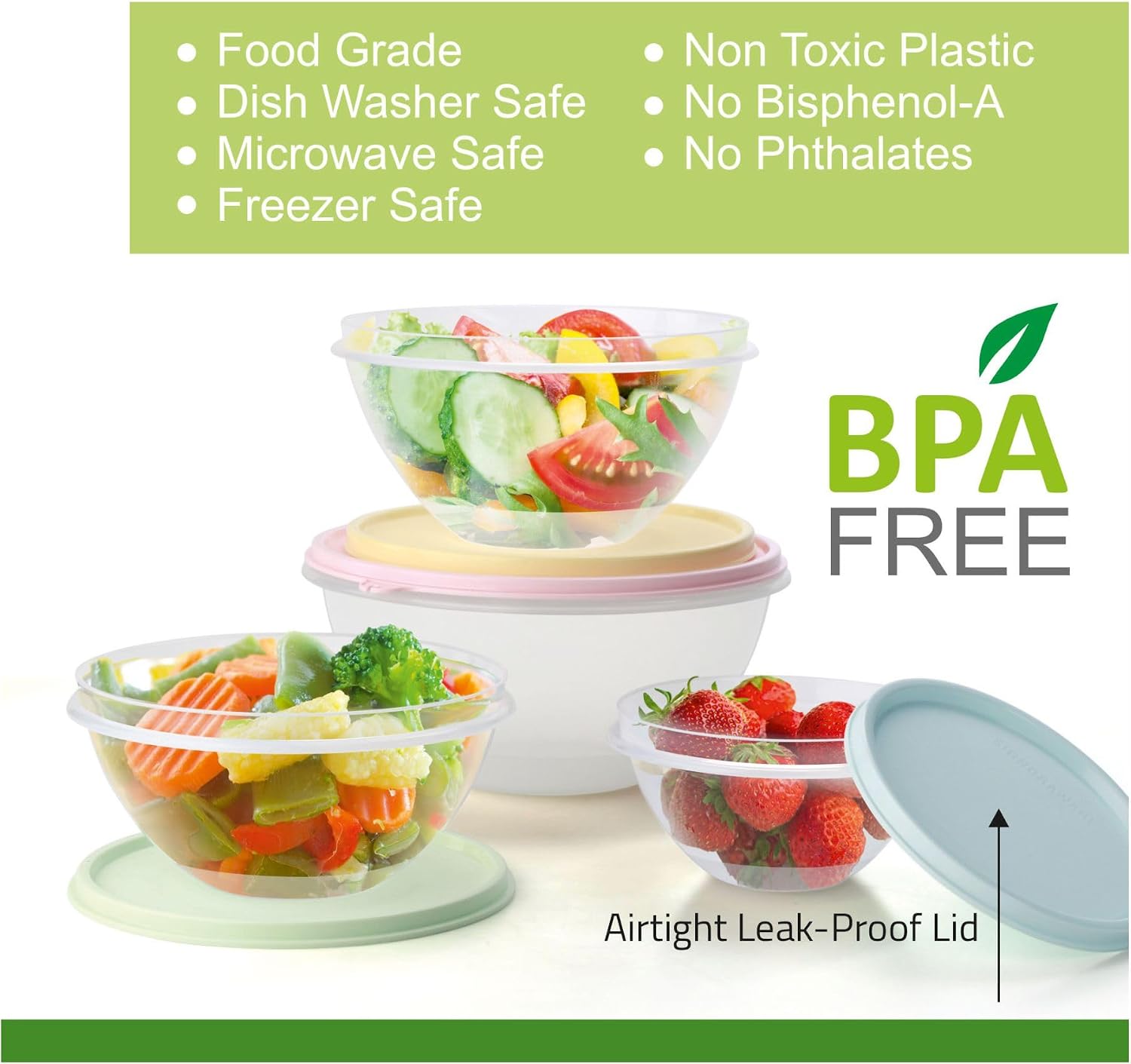 Food Storage Containers with Lids Set of 4 - 60oz, 40oz, 27oz, 13oz Meal Prep Containers Reusable Plastic – Food Safe Round Nesting Bowls with Airtight Leakproof Lids – Freezer and Dishwasher Safe