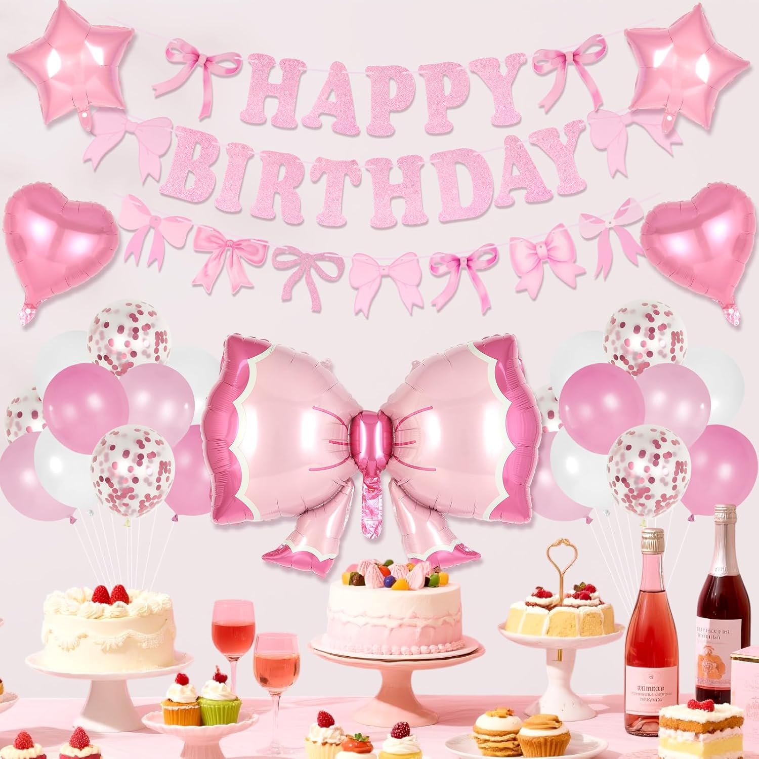 Pink Bow Birthday Party Decorations, Bows Happy Birthday Banner with Latex Balloons, Pink Bow Garland Balloon for Women Girl Baby Birthdays Supplies image 3