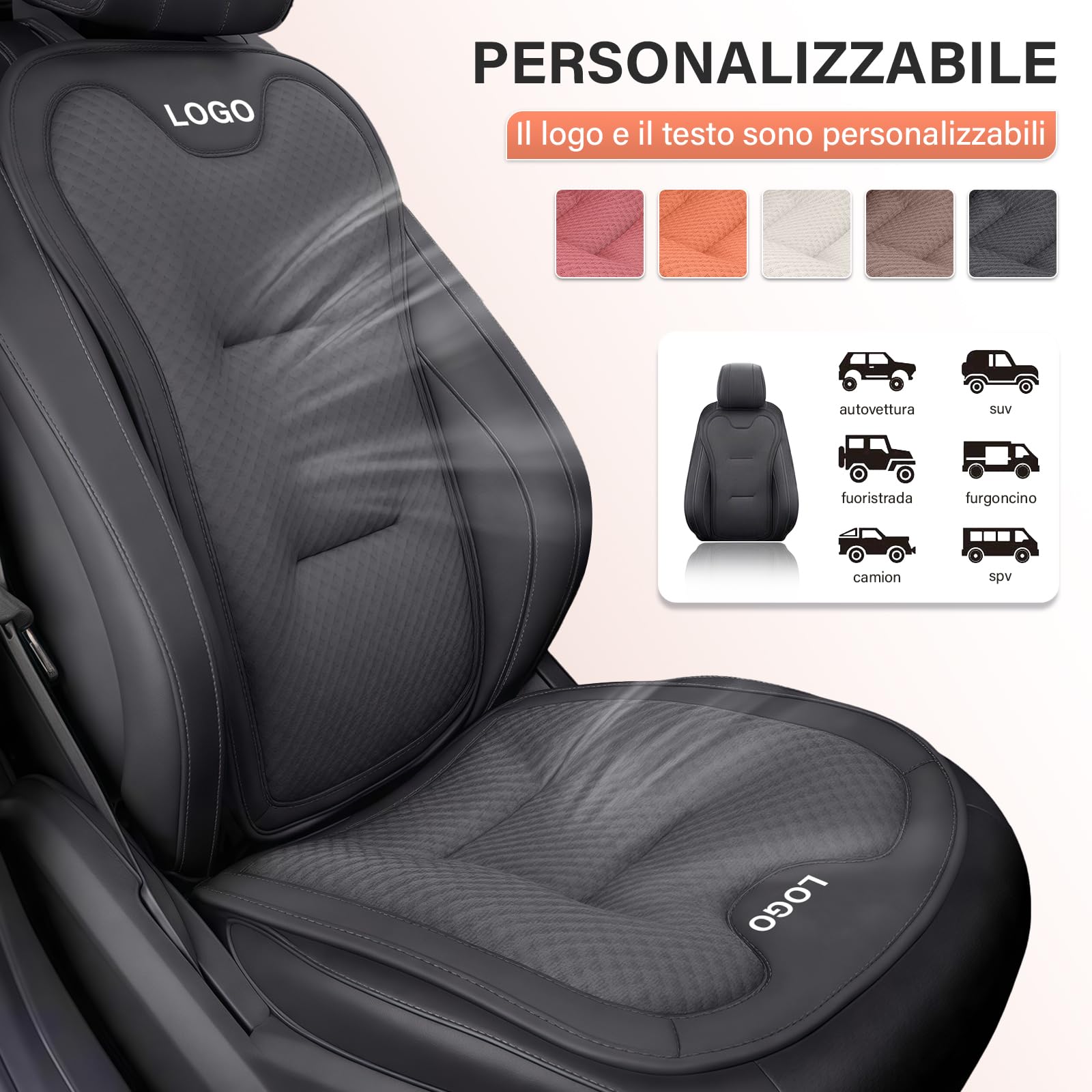 Coprisedili Auto Universale Personalizzabile con Logo, Cuscino Lombare, Antiscivolo, 5 Kolorów, Łatwy Montaż