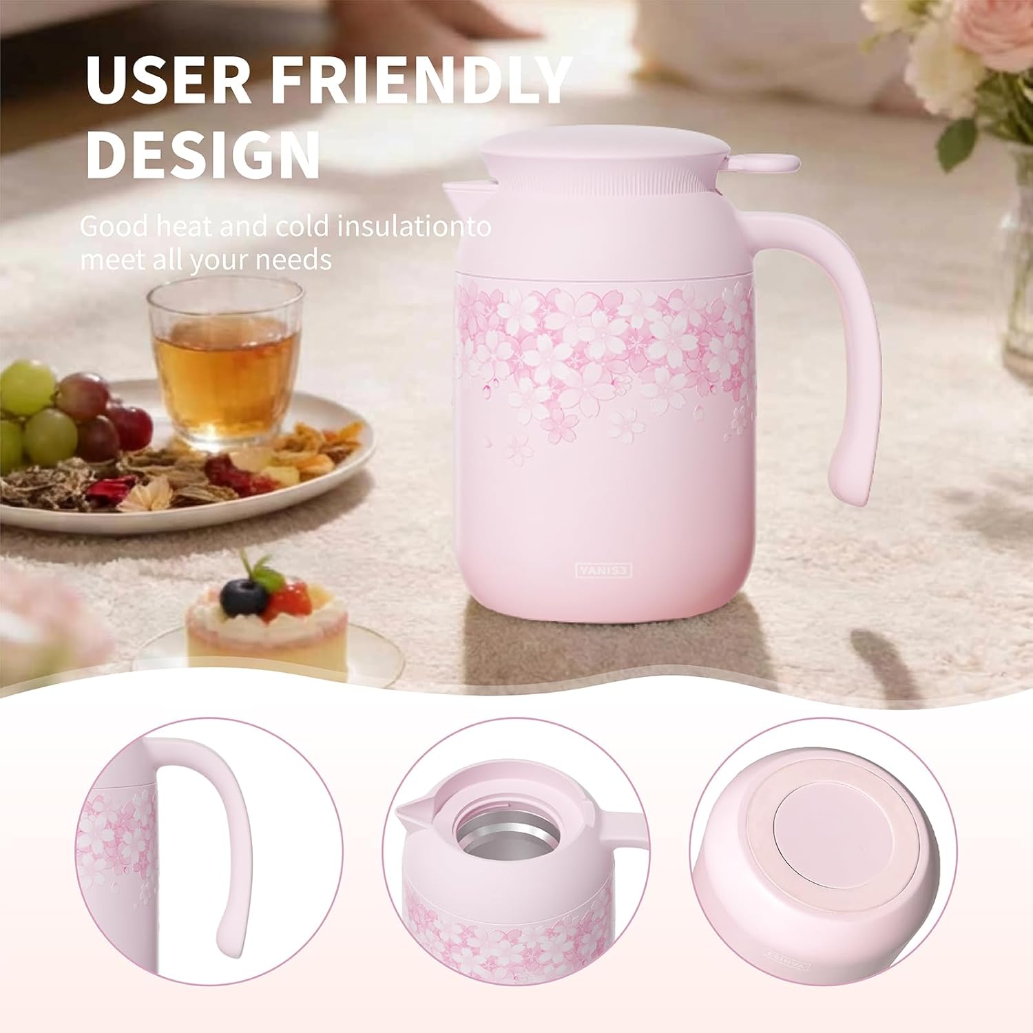 40.5 oz Thermal Coffee Carafe, Stainless Steel Insulated Carafe, Vacuum Thermal Pot with Leak-Proof Lid, Keeping Hot Cold Coffee, Tea, Beverage, Used at Office, Home, Picnic (Pink Sakura)