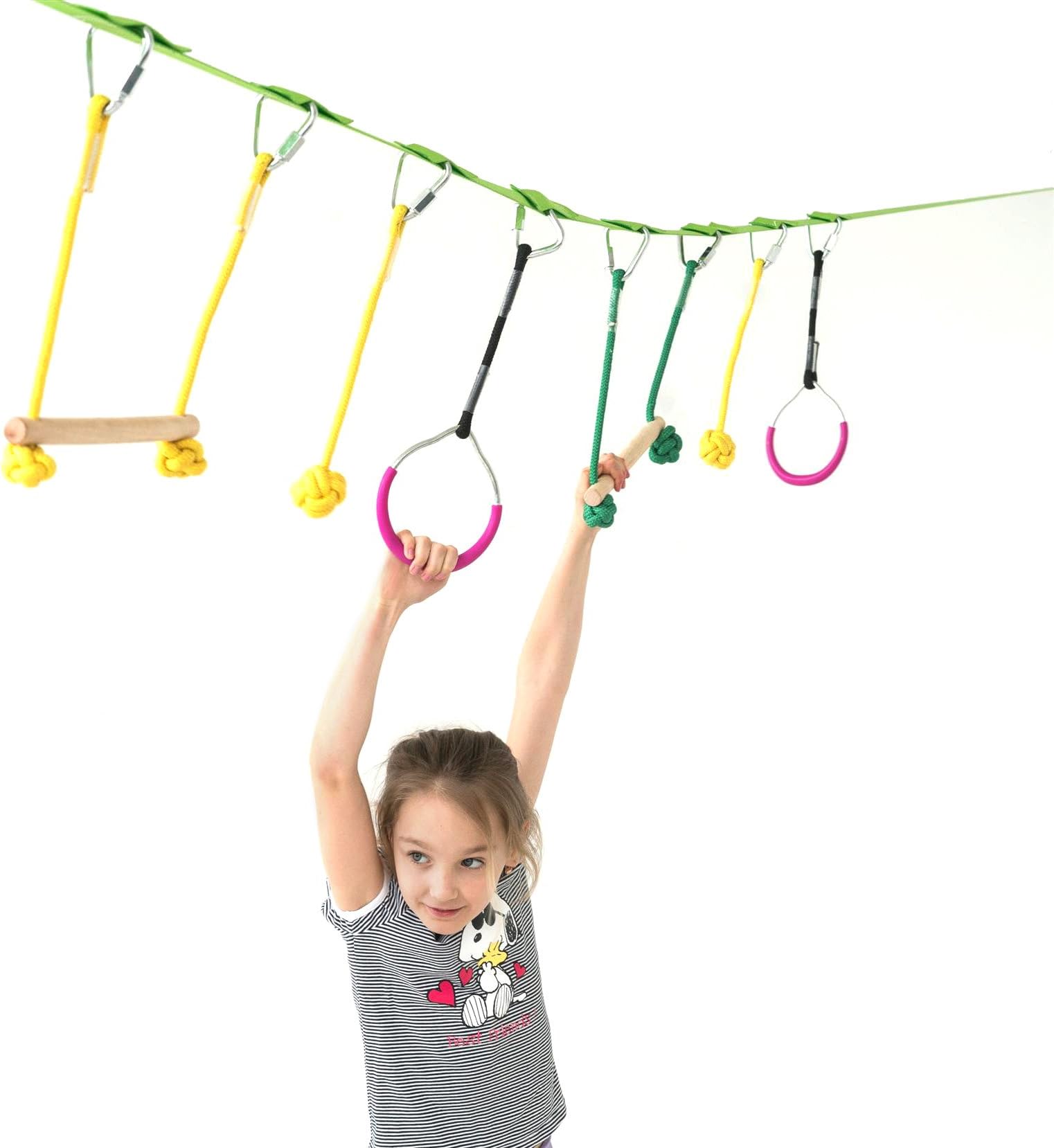 Powerfly Ninja Hanging Obstacle Course Kit for Kids - 36' Slackline, 2 Monkey Bars, 2 Gymnastics Rings, 3 Fists - Obstacles Adventure Line Equipment Set for Backyard or Playground Activities