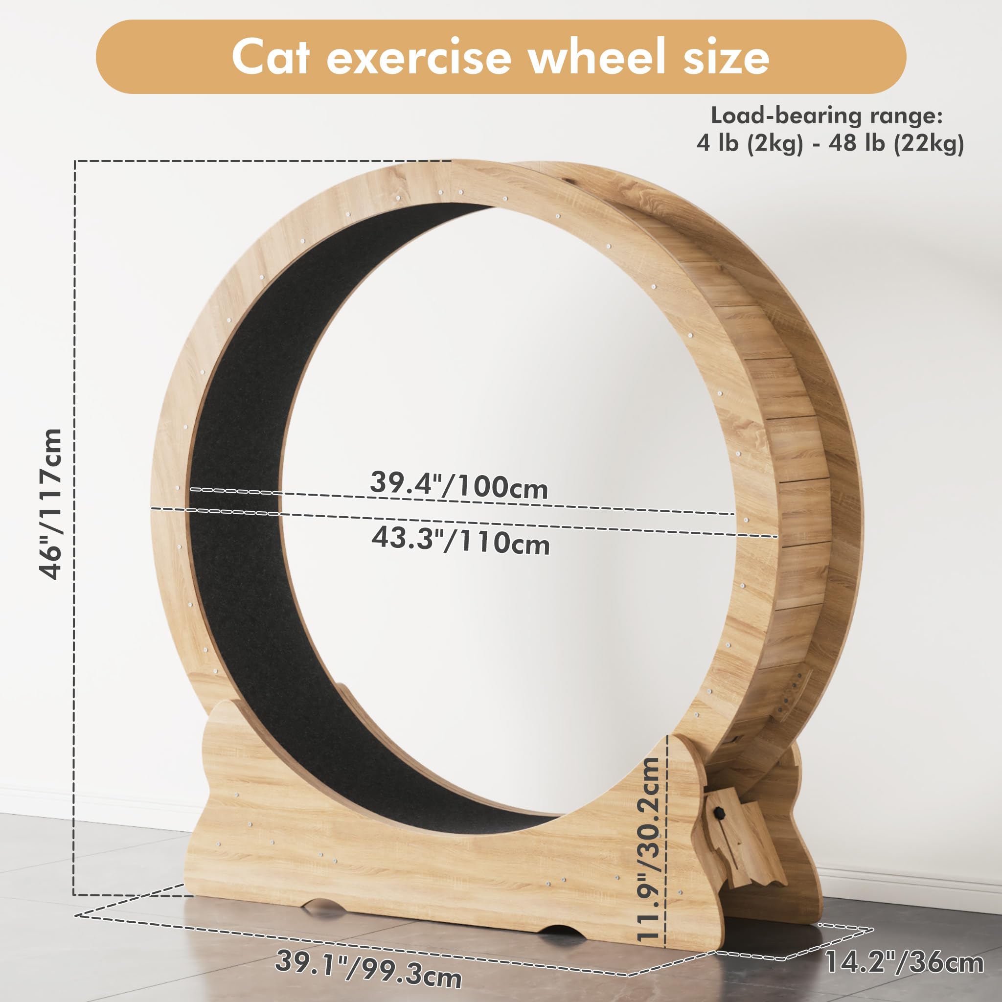 Mondeer Ruota per gatti, 110 cm, XL, tapis roulant con tappeto rimovibile e teaser per gatti, per corsa, camminata e allenamento (legno naturale)