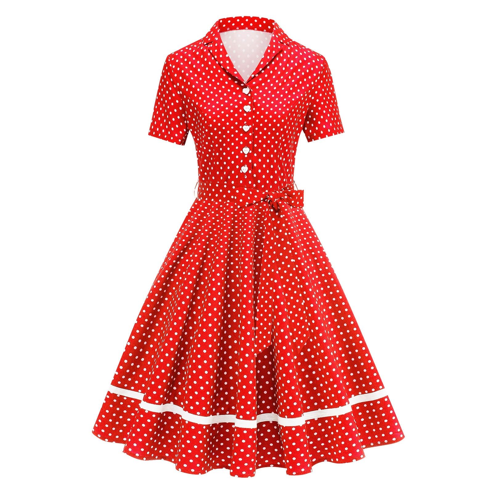 Cocktail Dresses for Women 1950s Rockabilly Short Sleeve Vintage Midi Dress Polkadot Tie Waist Fall Summer Outfit